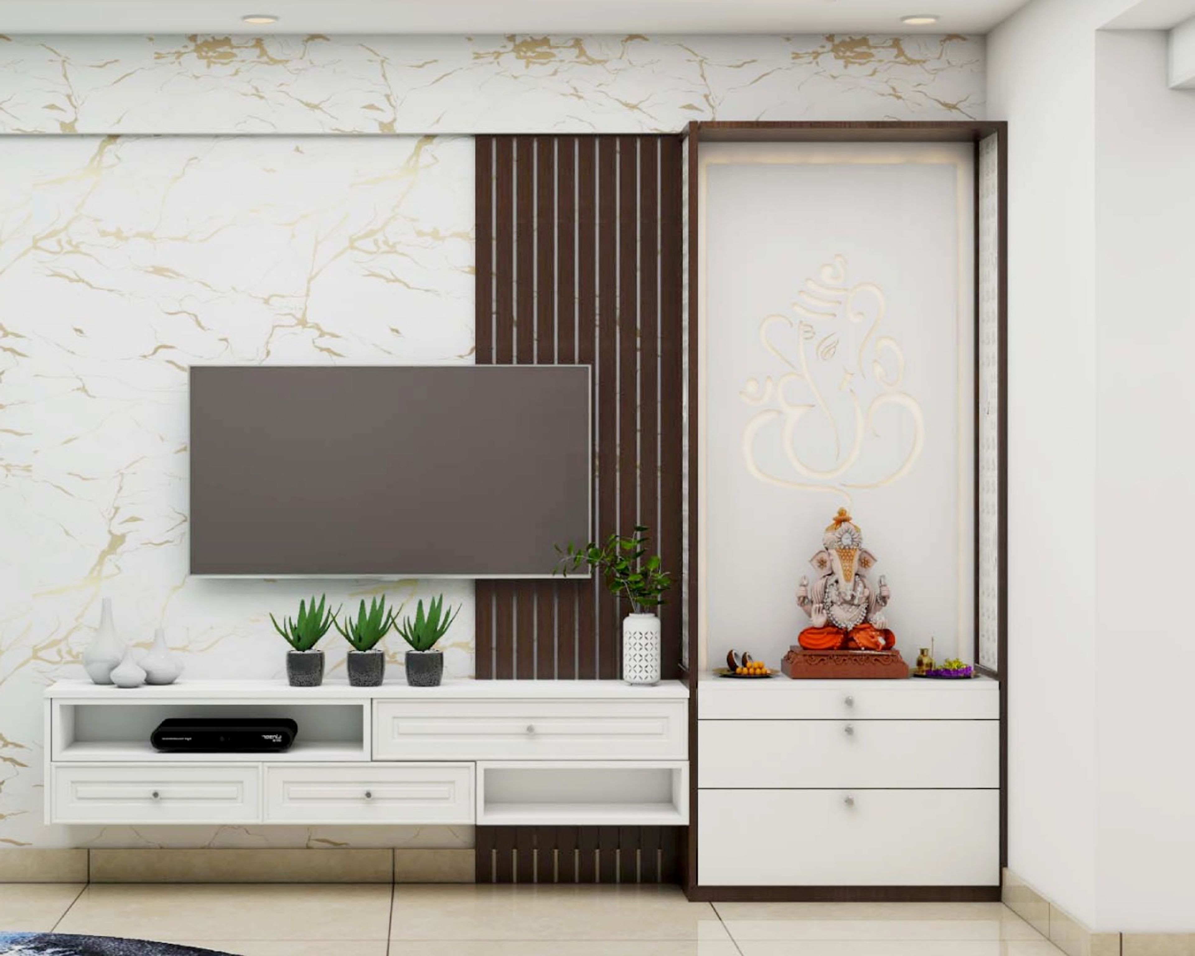 Modern White Mandir Unit Design Integrated With TV Unit