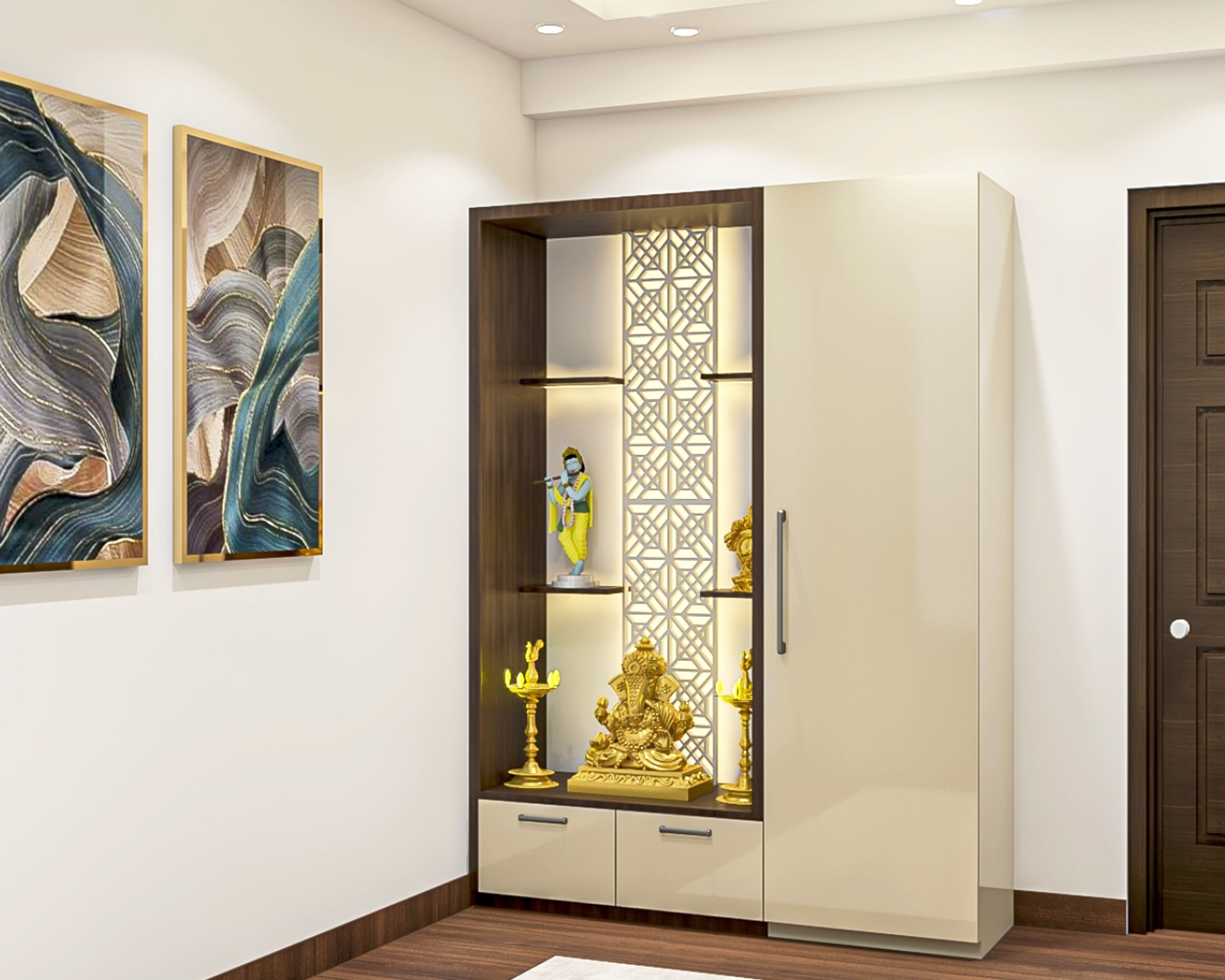 Contemporary Irish Cream And Crescent Acacia Mandir Unit Design With Cabinet Storage