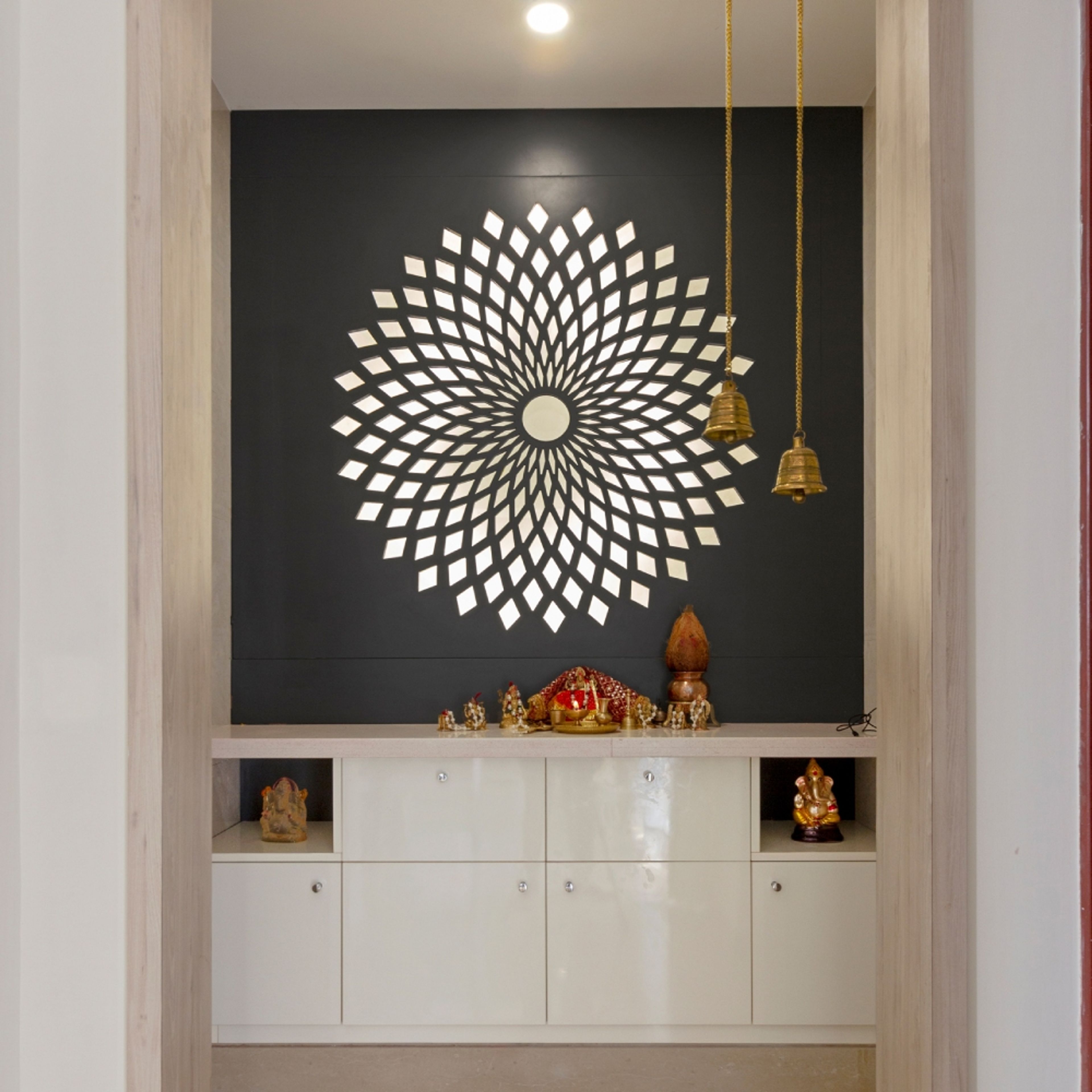 Modern Frosty White Mandir Unit With Ornate Backlit Mandala