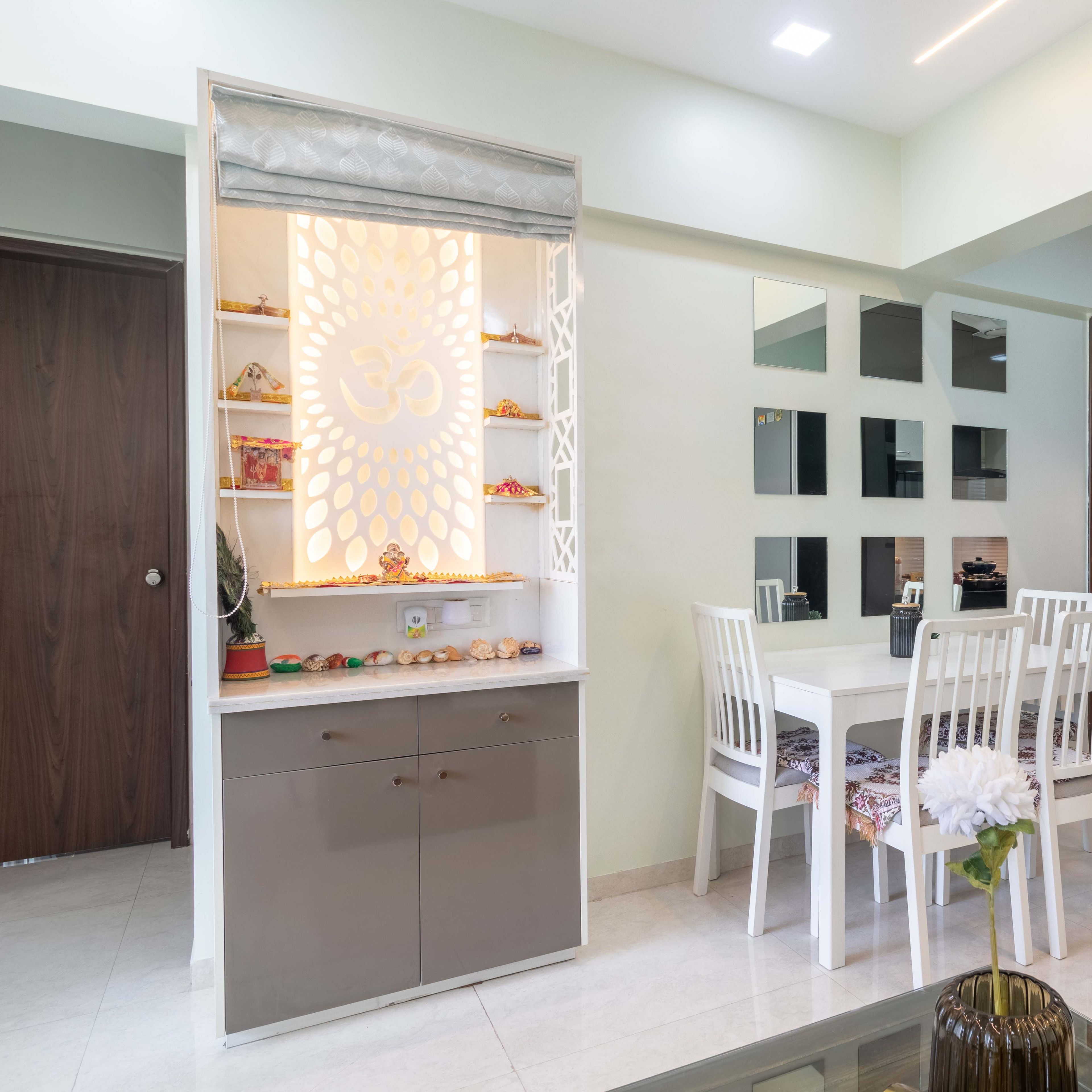 Contemporary Mandir Unit Design In Cappuccino And Frosty White Tones