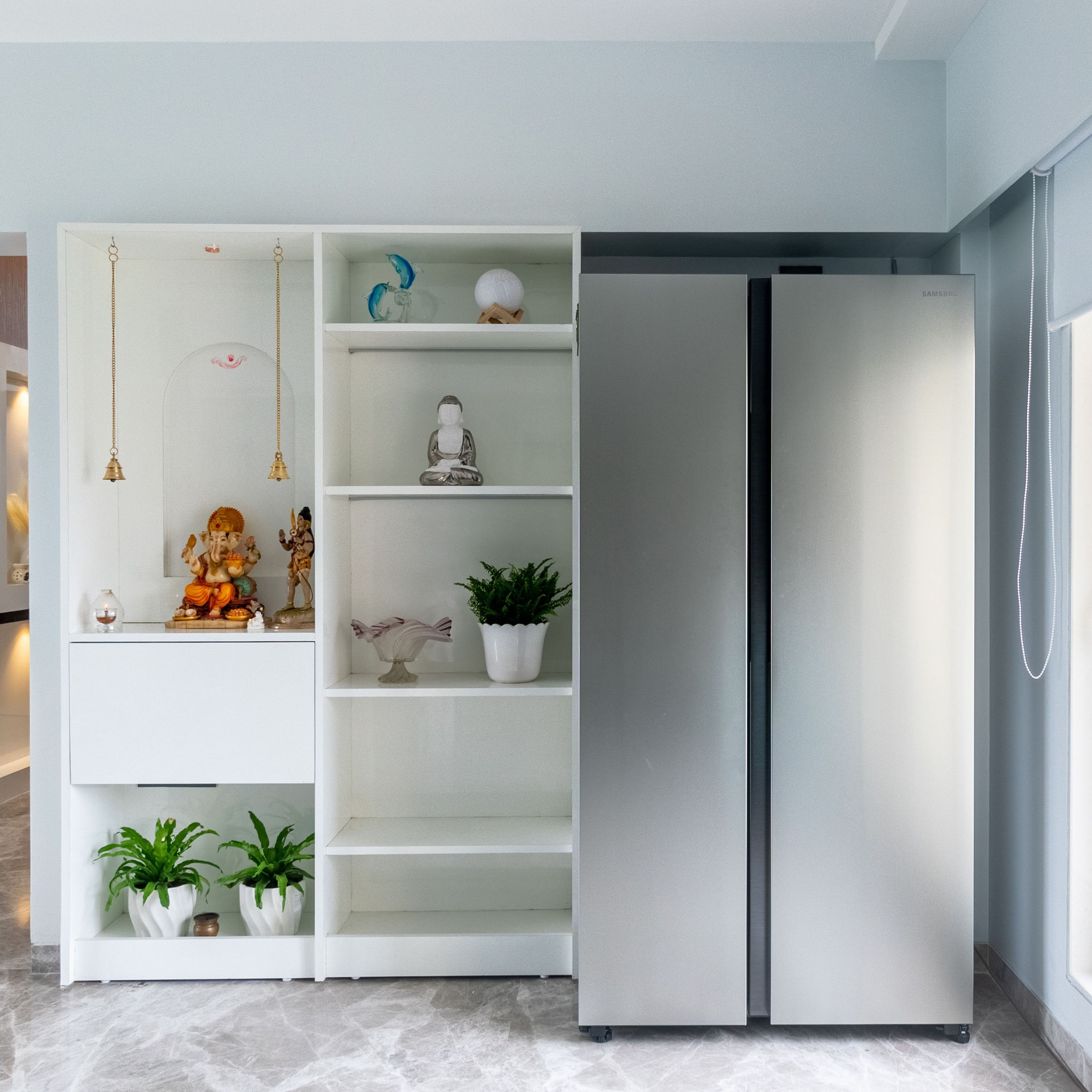 Contemporary Open Mandir Unit Design In Frosty White