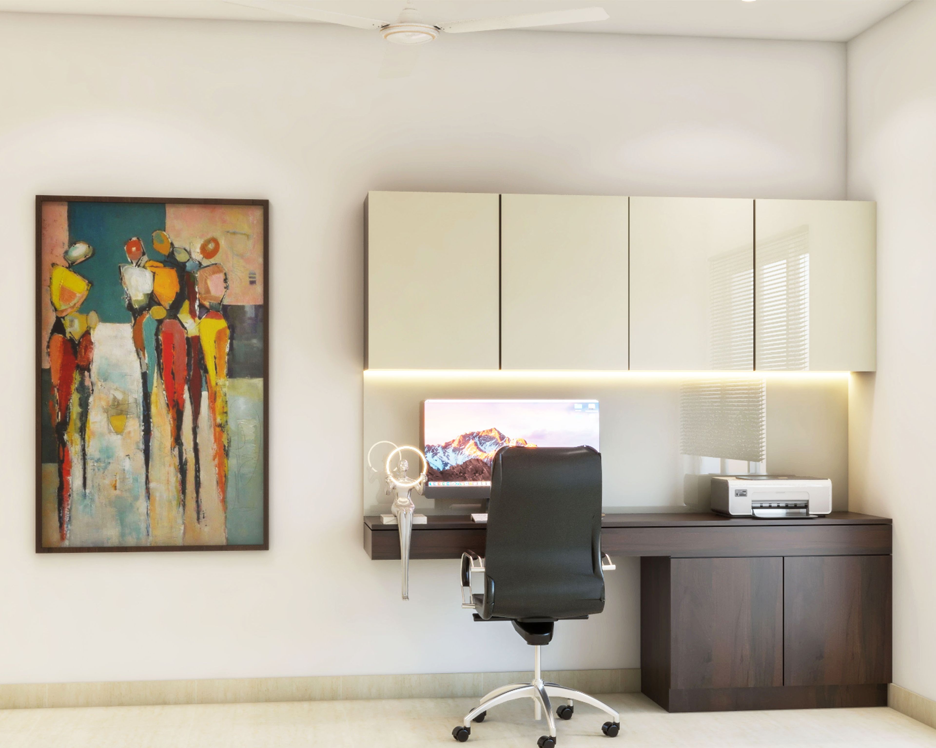 Contemporary Champagne And Wood Study Room Design With Strip Lights - Livspace