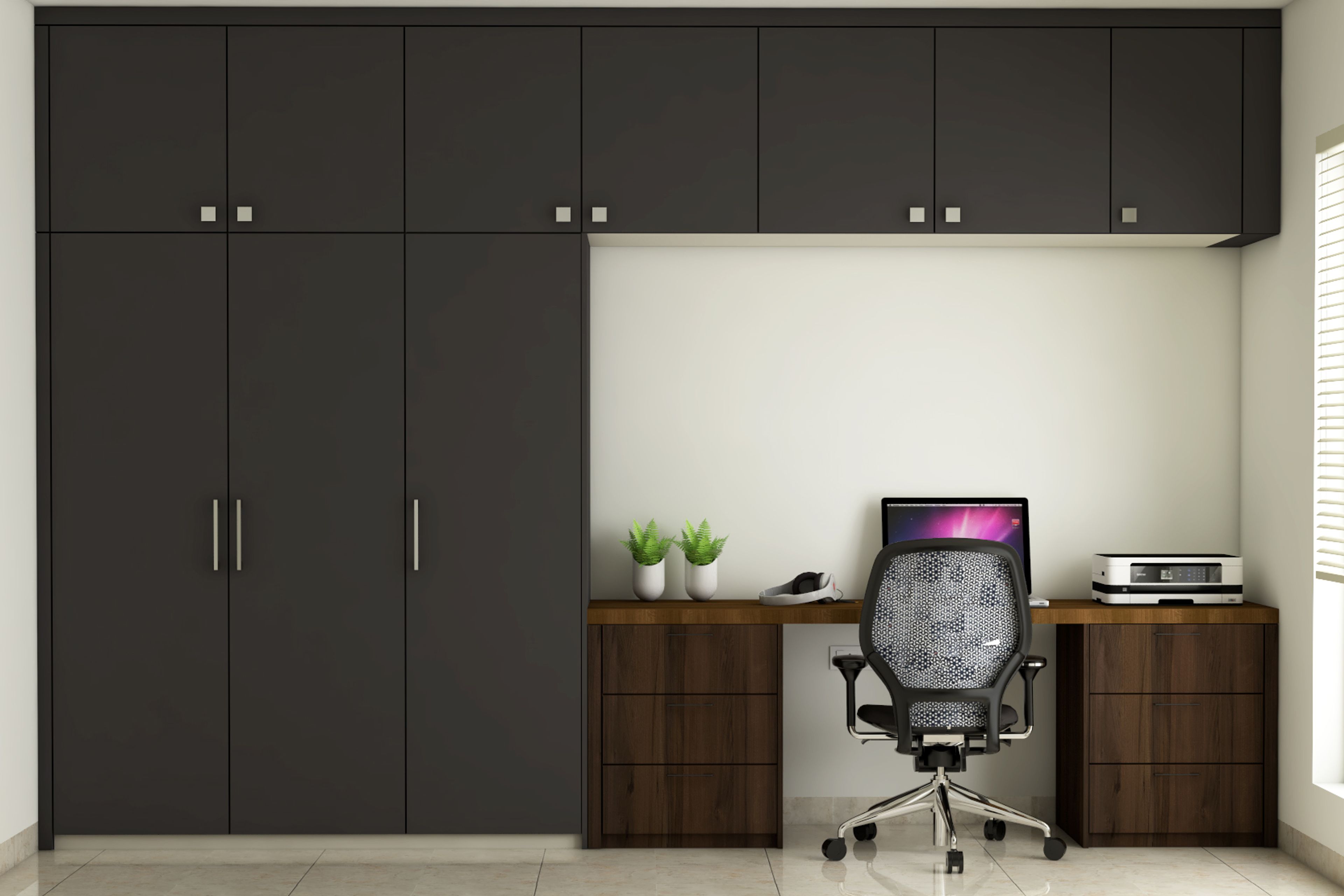 Minimal Wooden Home Office Design With 3-Door Swing Wardrobe With Lofts - Livspace