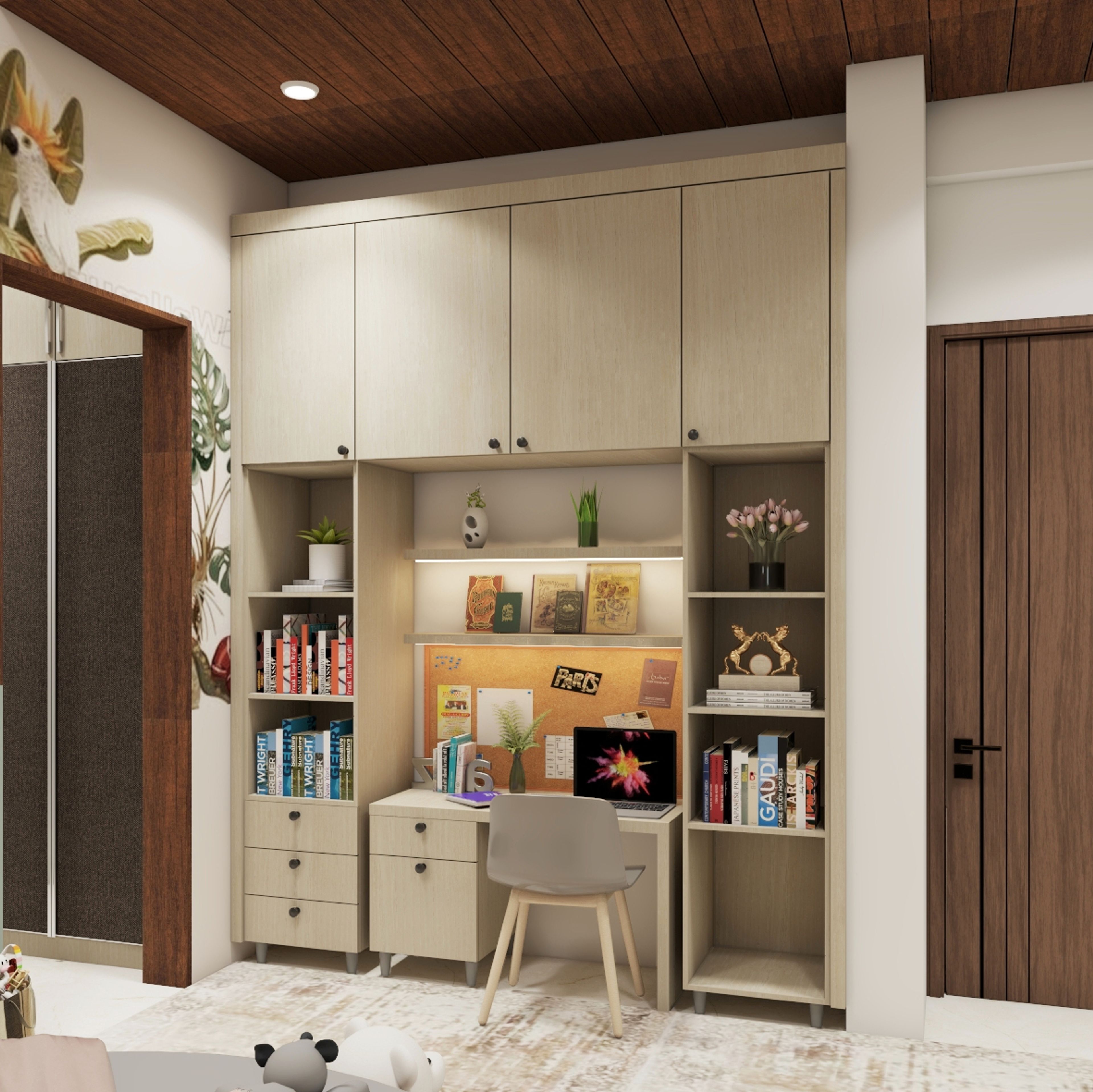 Acacia-Toned Study Room Design With Open Shelves And Under-Shelf Lighting - Livspace