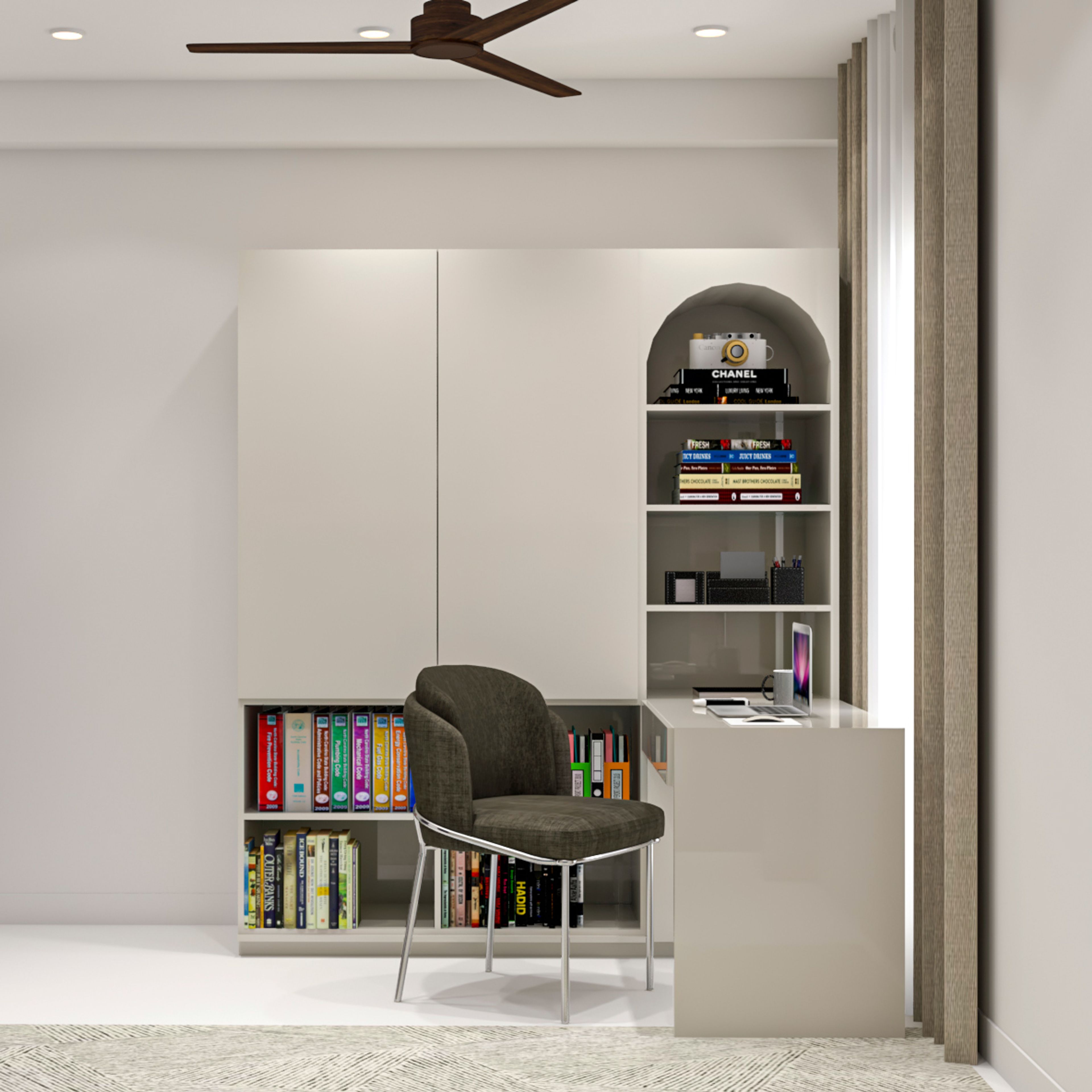 Contemporary Grey Study Room Design With Open Shelves For Storage - Livspace