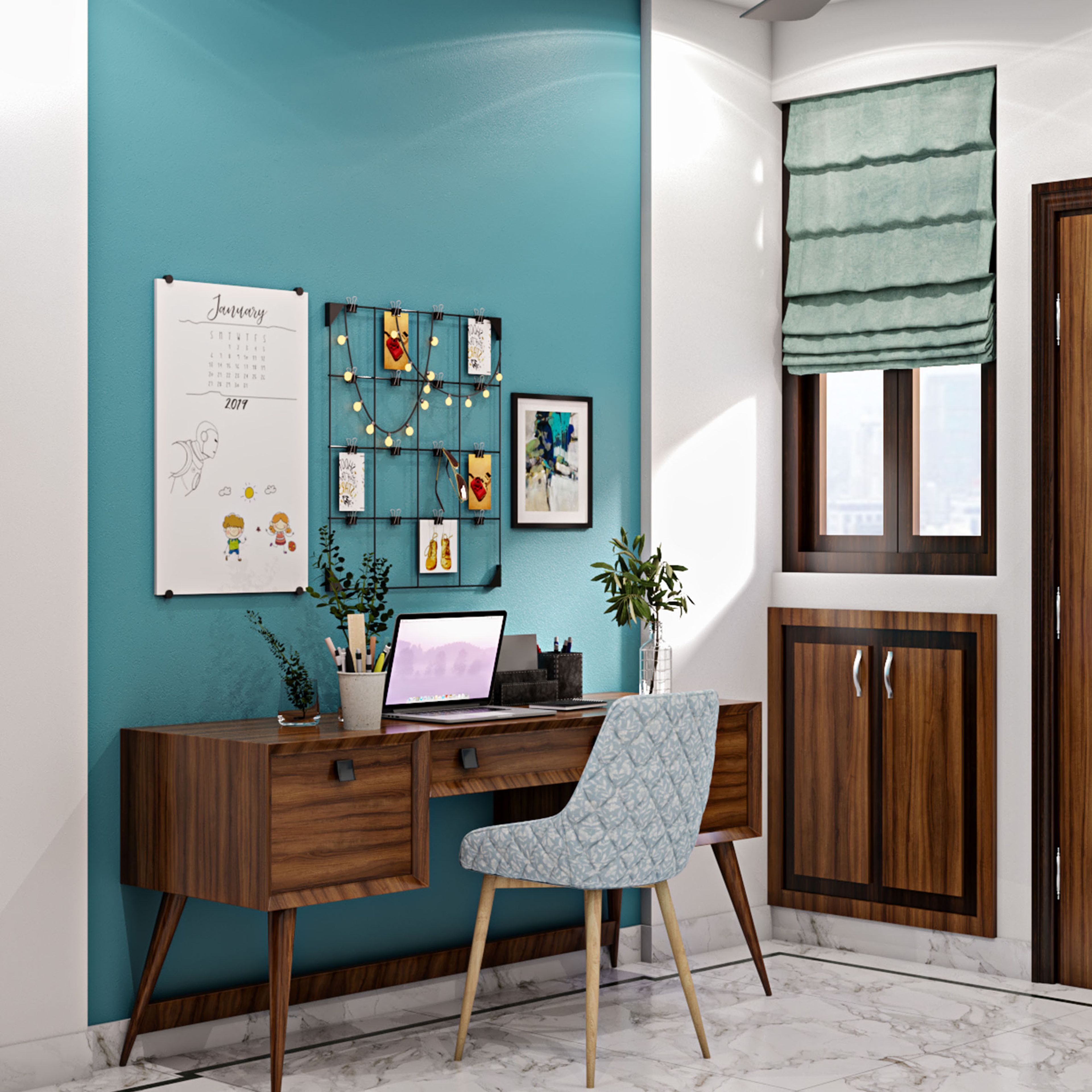 Modern Wooden Study Room Design With Blue Accent Wall