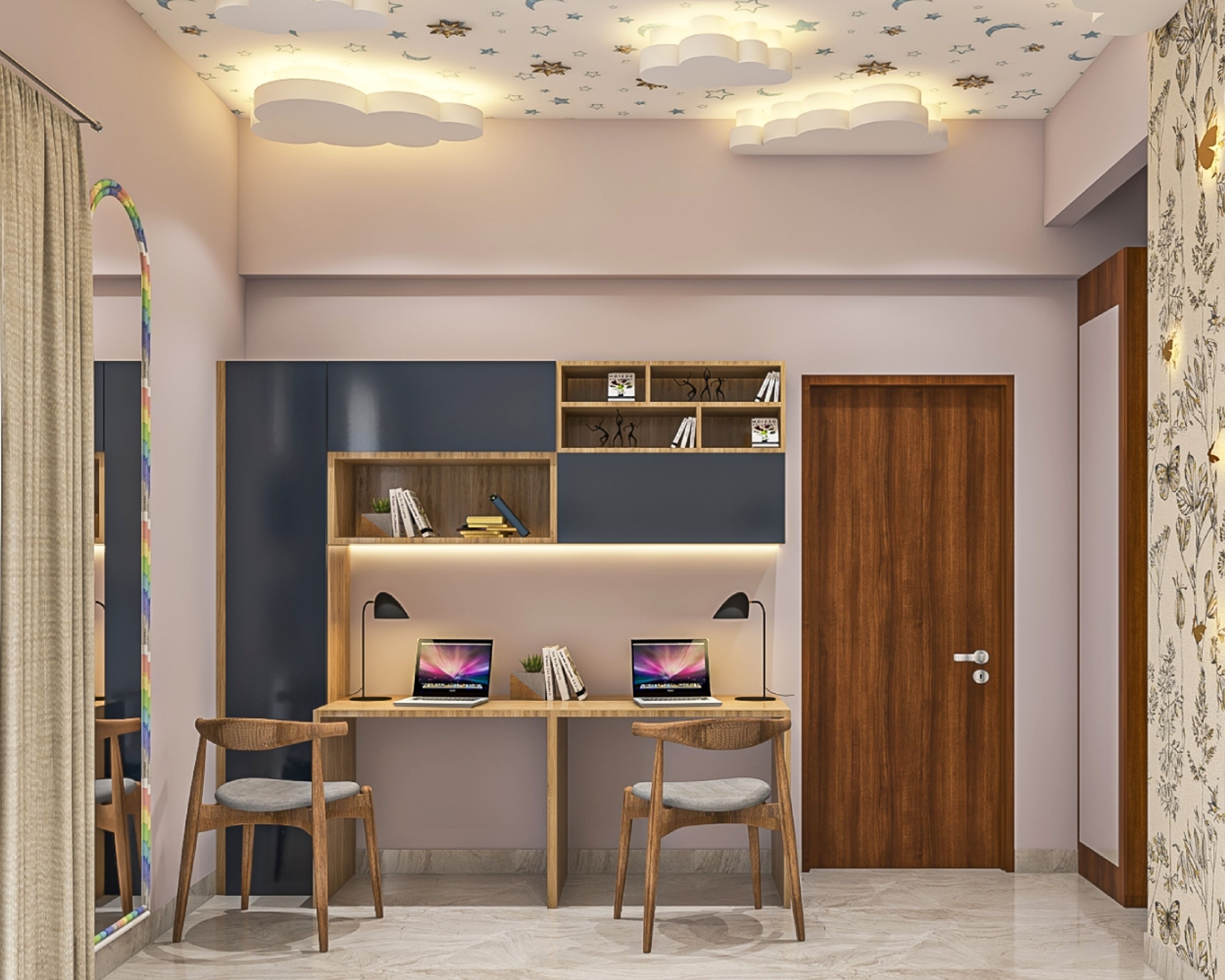 Contemporary Dark Blue And Wood Study Room Design For Two - Livspace