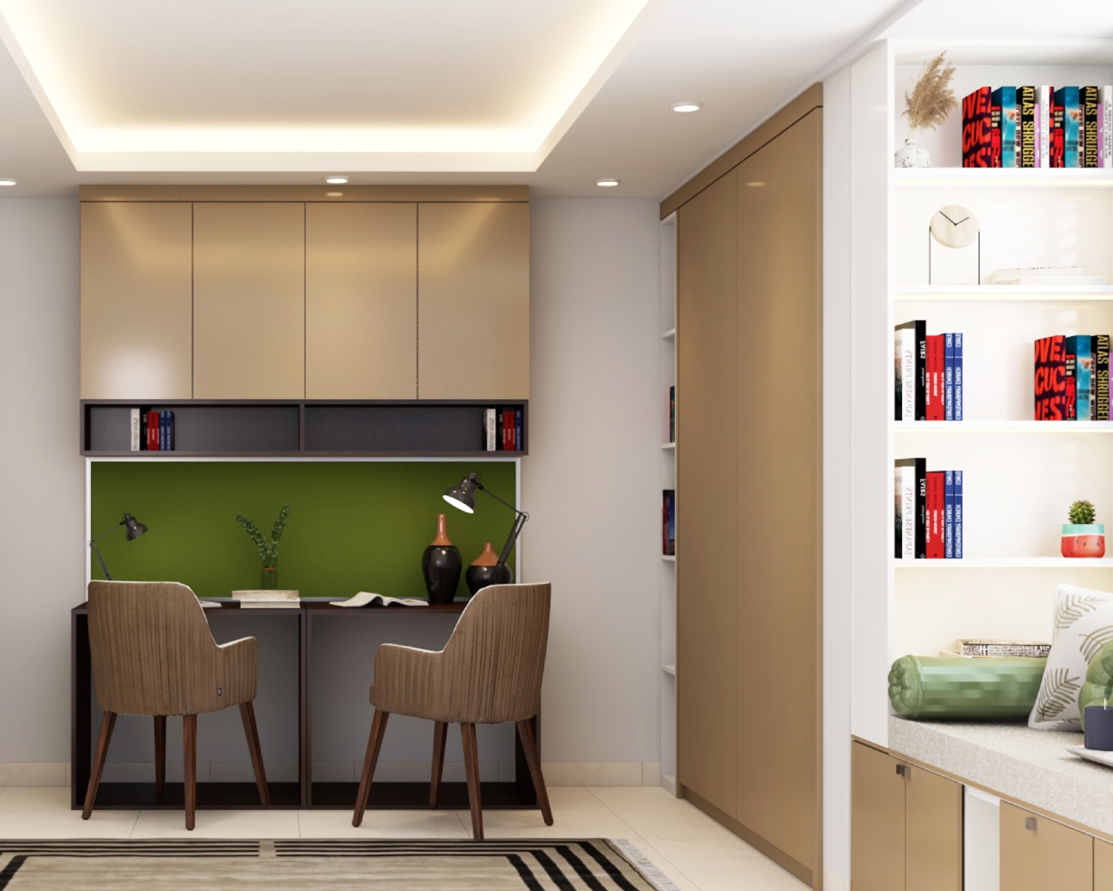 Modern Green And Beige Study Room Design For Two - Livspace