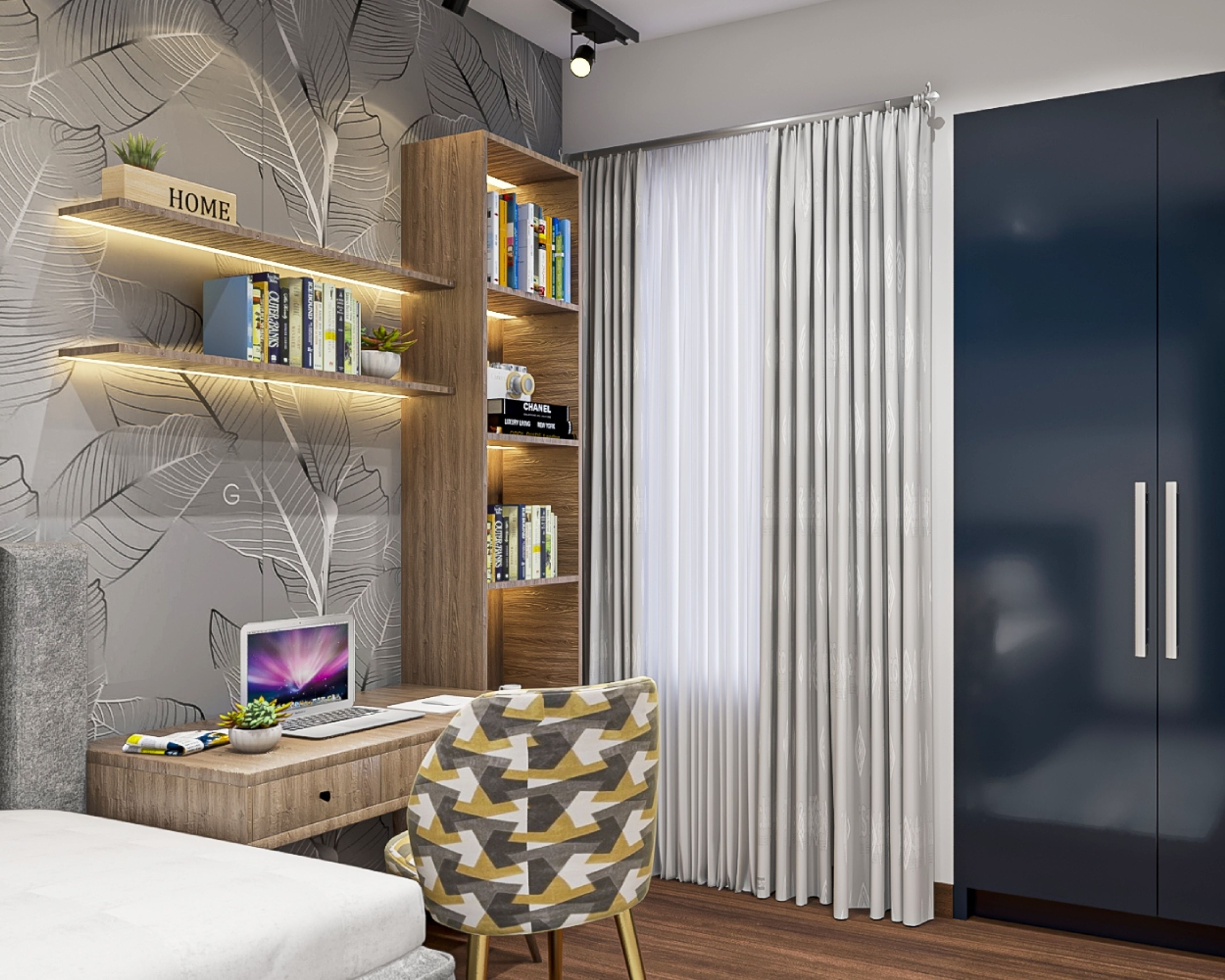 Wooden  Study Room Design With Wall-Mounted Shelves And LED Lights - Livspace