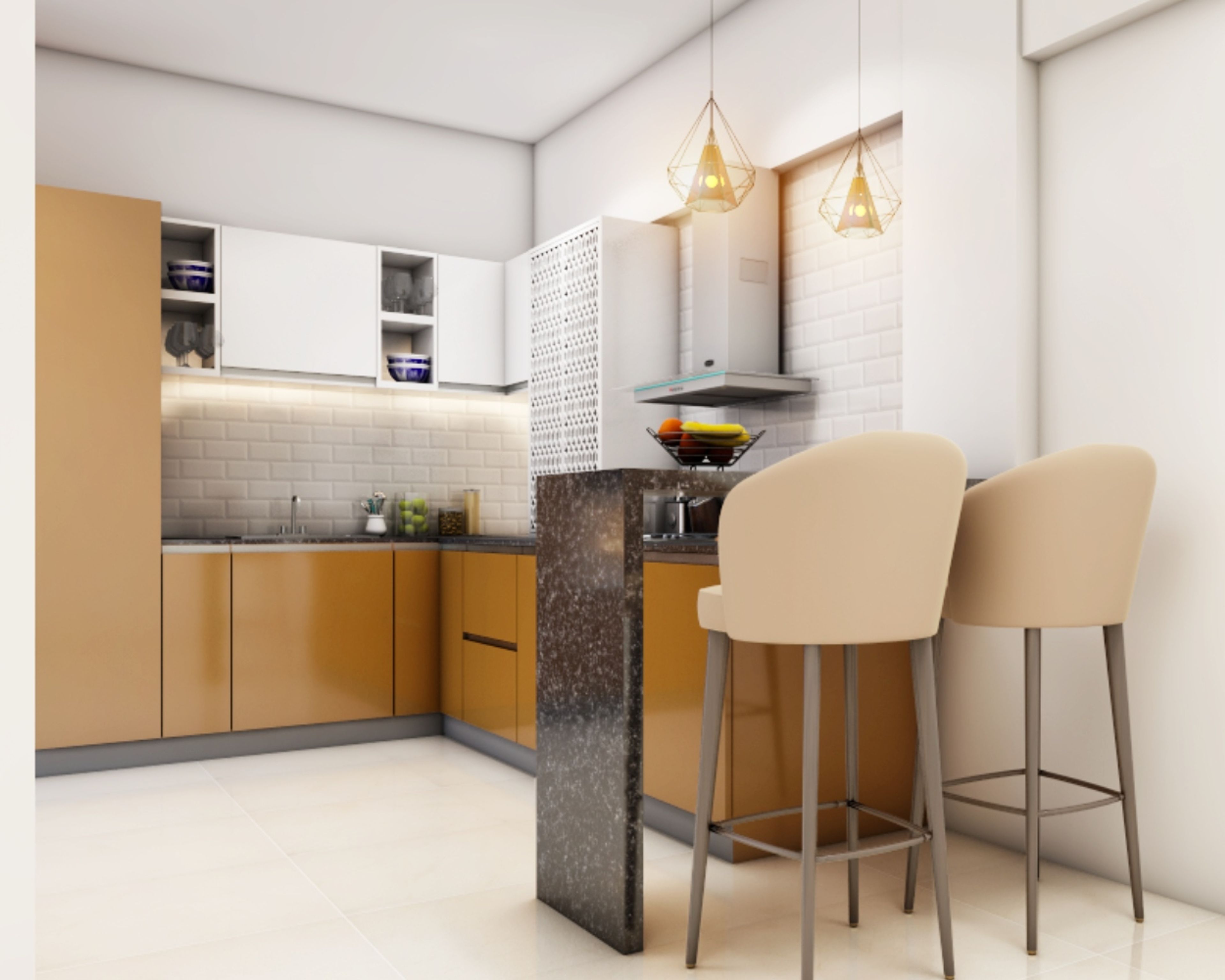 Modern Open Kitchen Design with Parakeet and Frosty White Cabinets