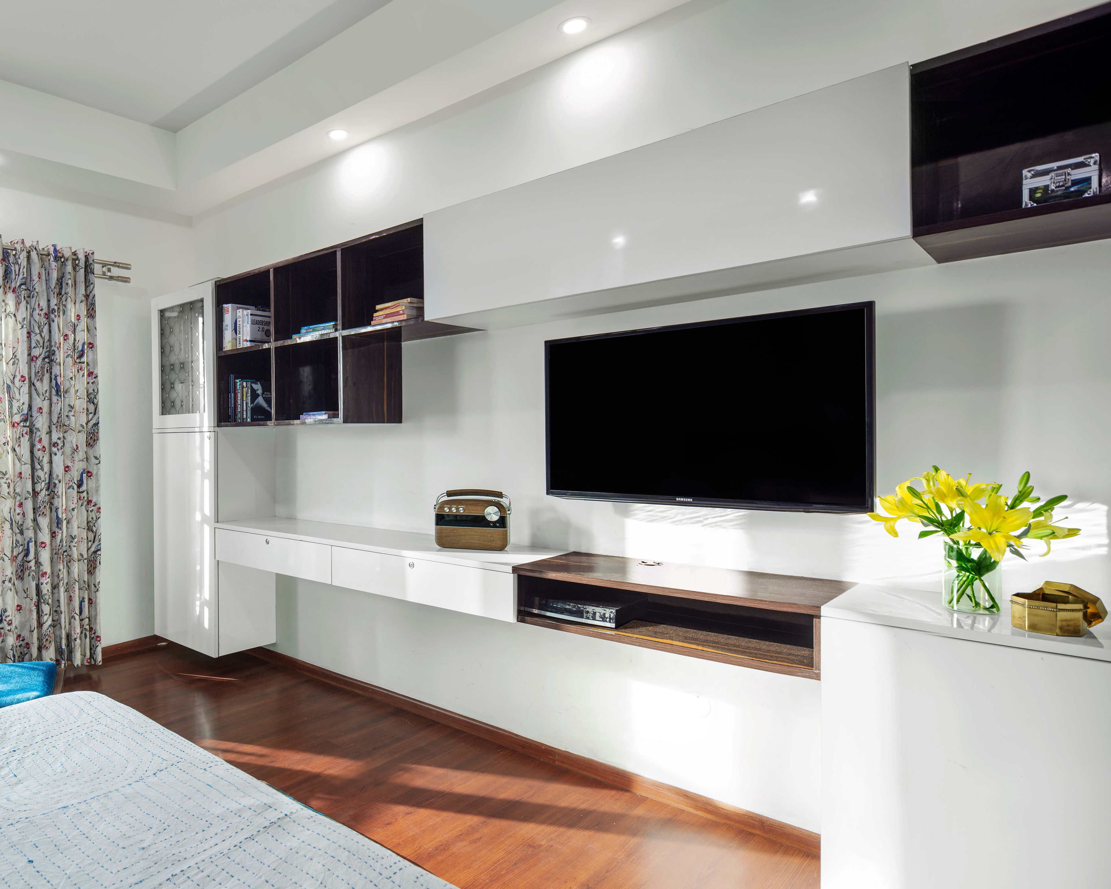 Wall-Mounted Cherry Walnut And Frosty White TV Unit Design - Livspace