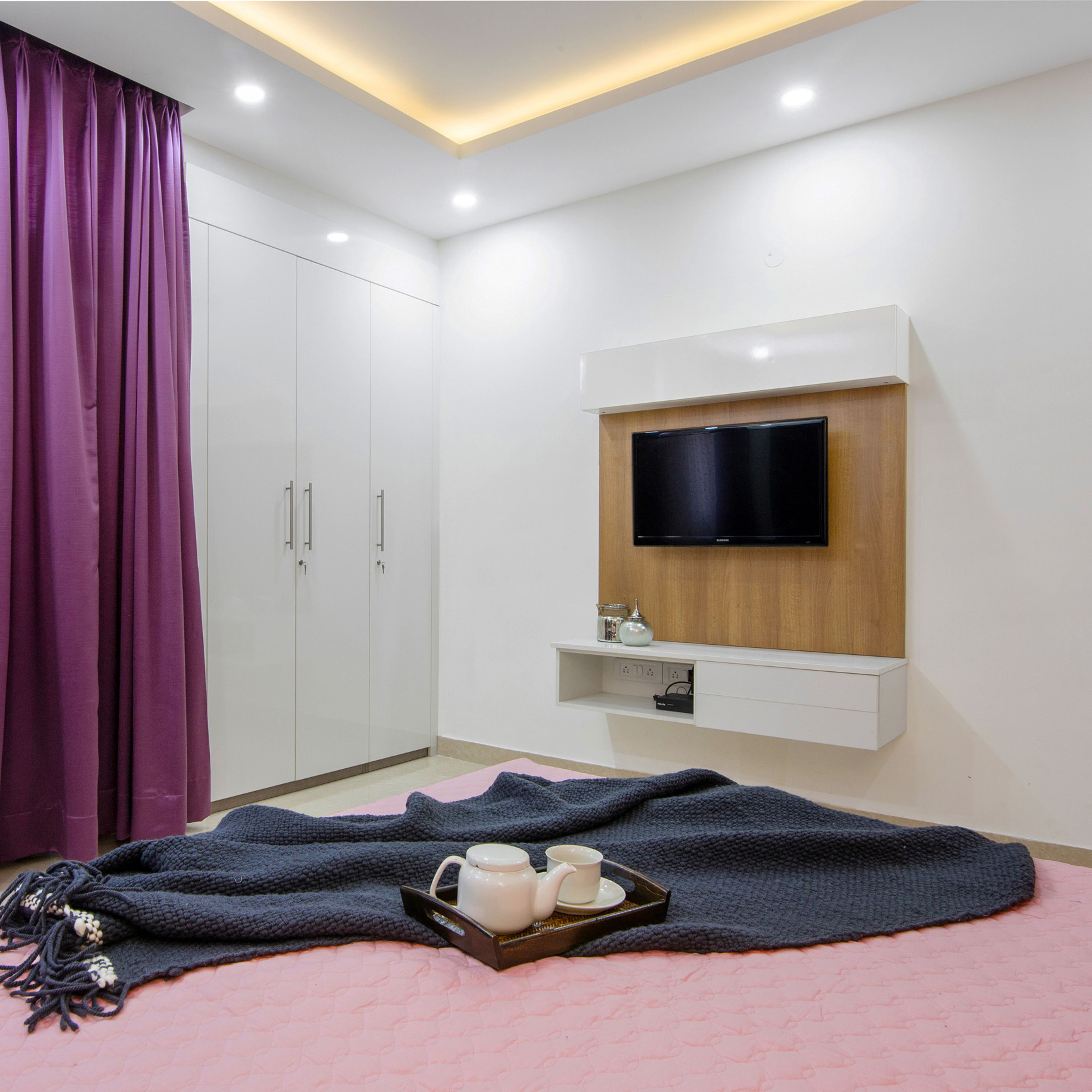 Walnut Bronze And White TV Unit Design With Overhead Unit - Livspace