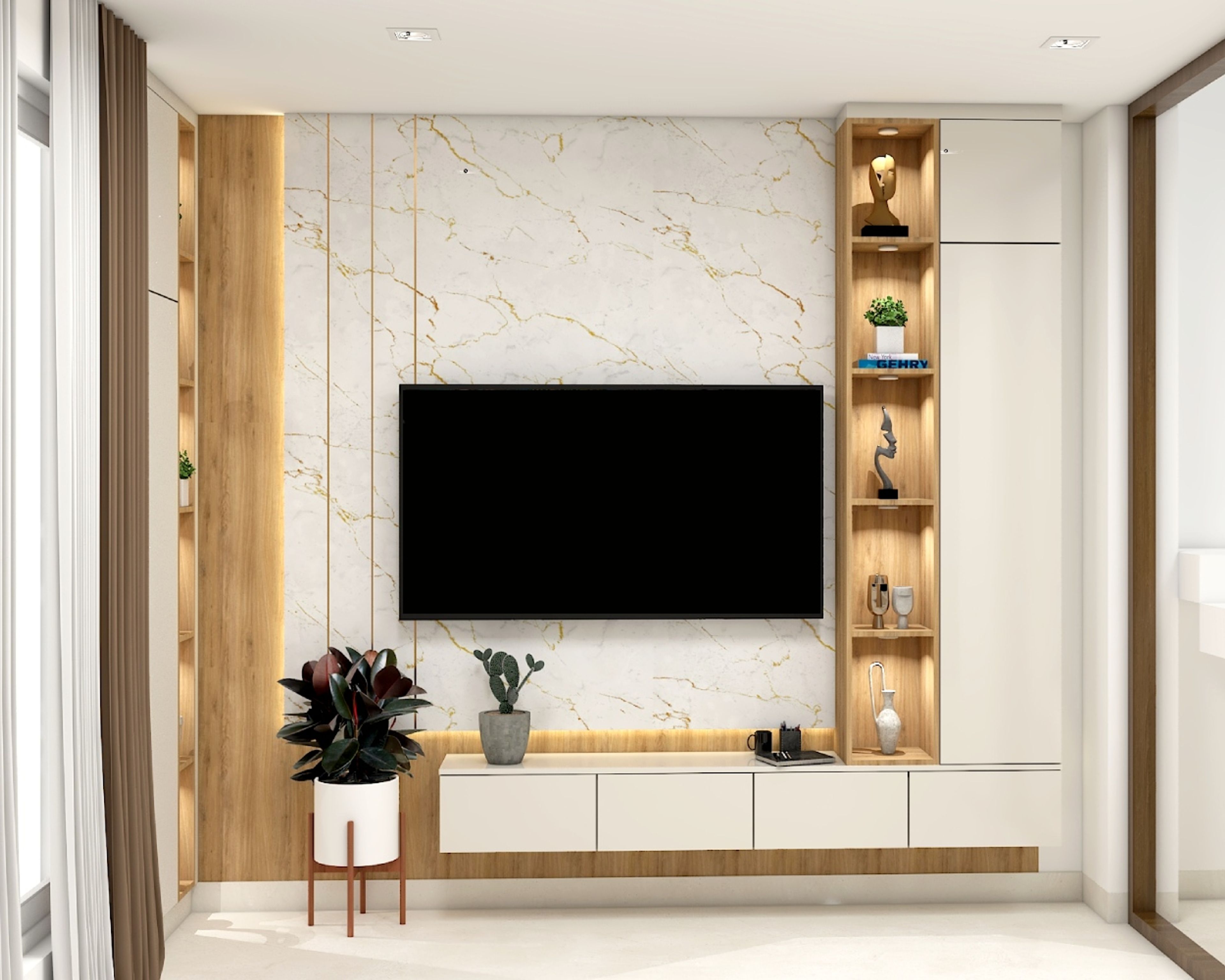 Contemporary Frosty White TV Unit Design with Glossy Finish and Tahiti Samoa Teak Accents