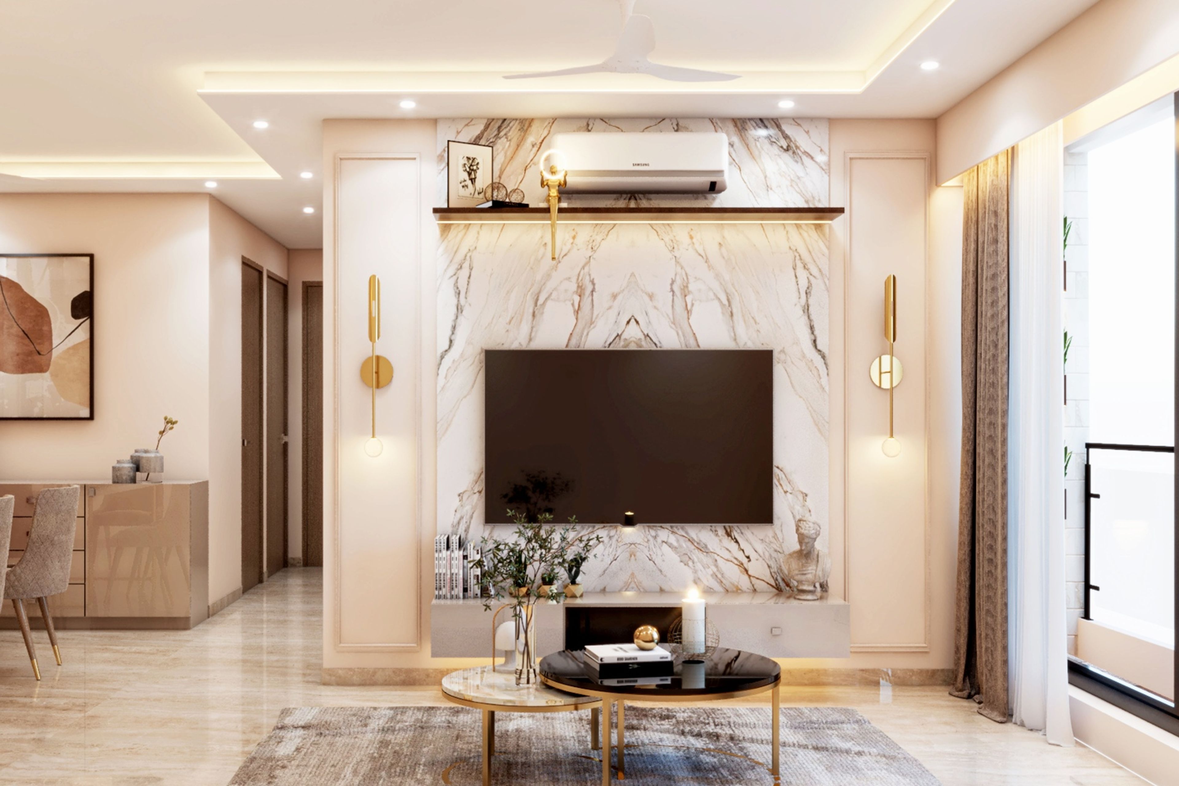 12x11 Ft Smoke Grey TV Unit Design With Marble Accent Wall - Livspace