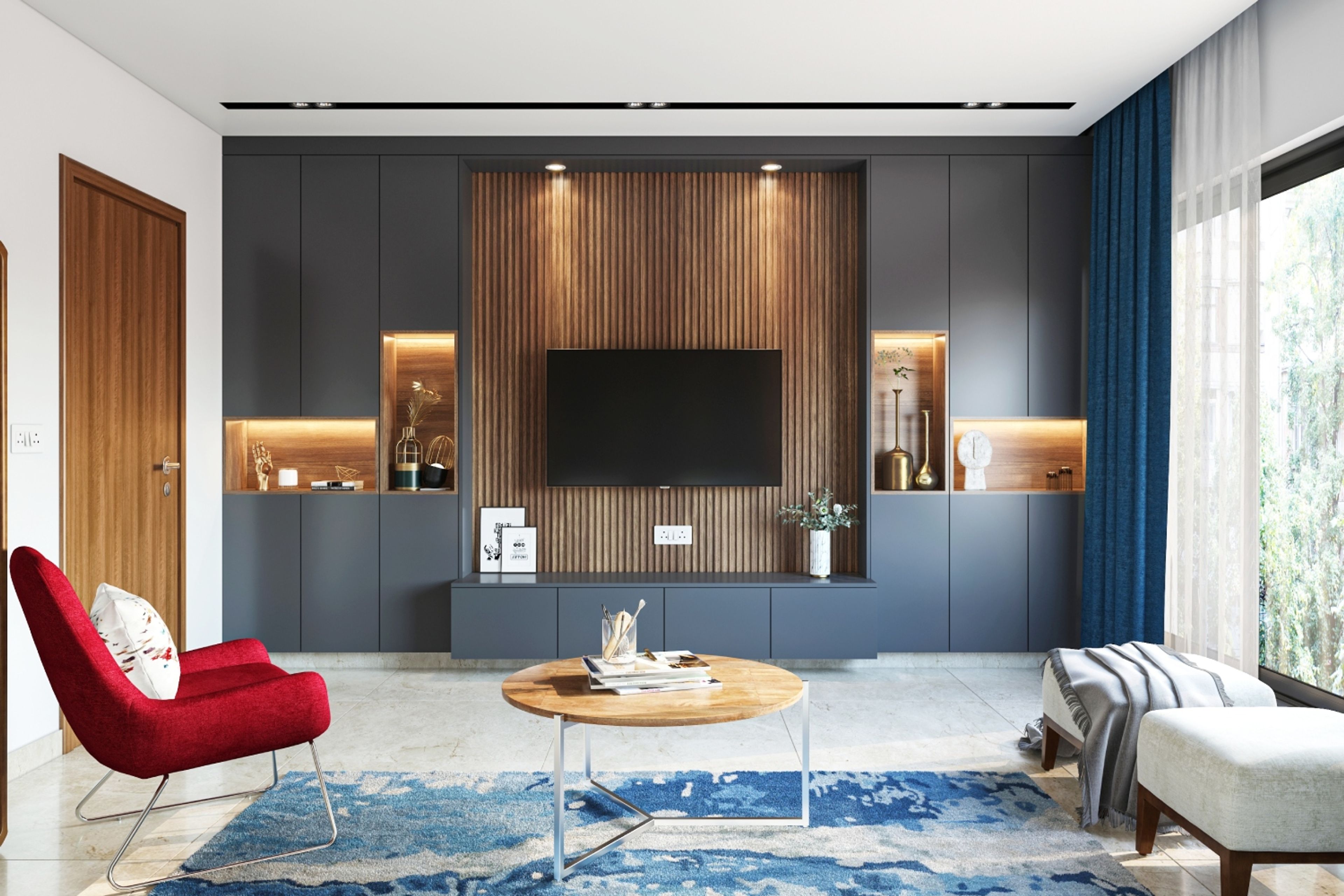 Contemporary Gothic Grey TV Unit with Tahiti Samoa Teak Accents