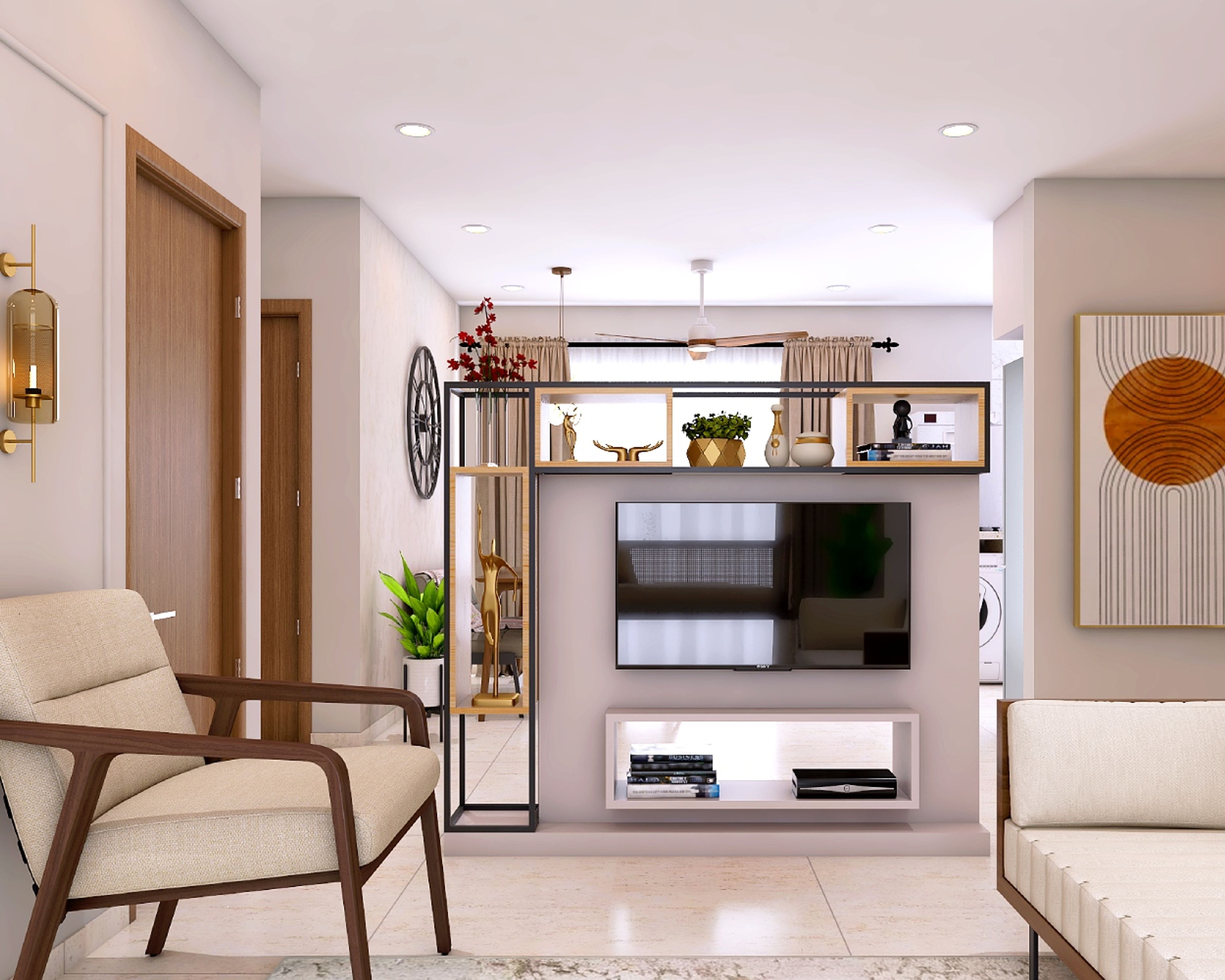 11x10 Ft Modern Tri-Color TV Unit Design with Metallic and Wooden Frame - Livspace