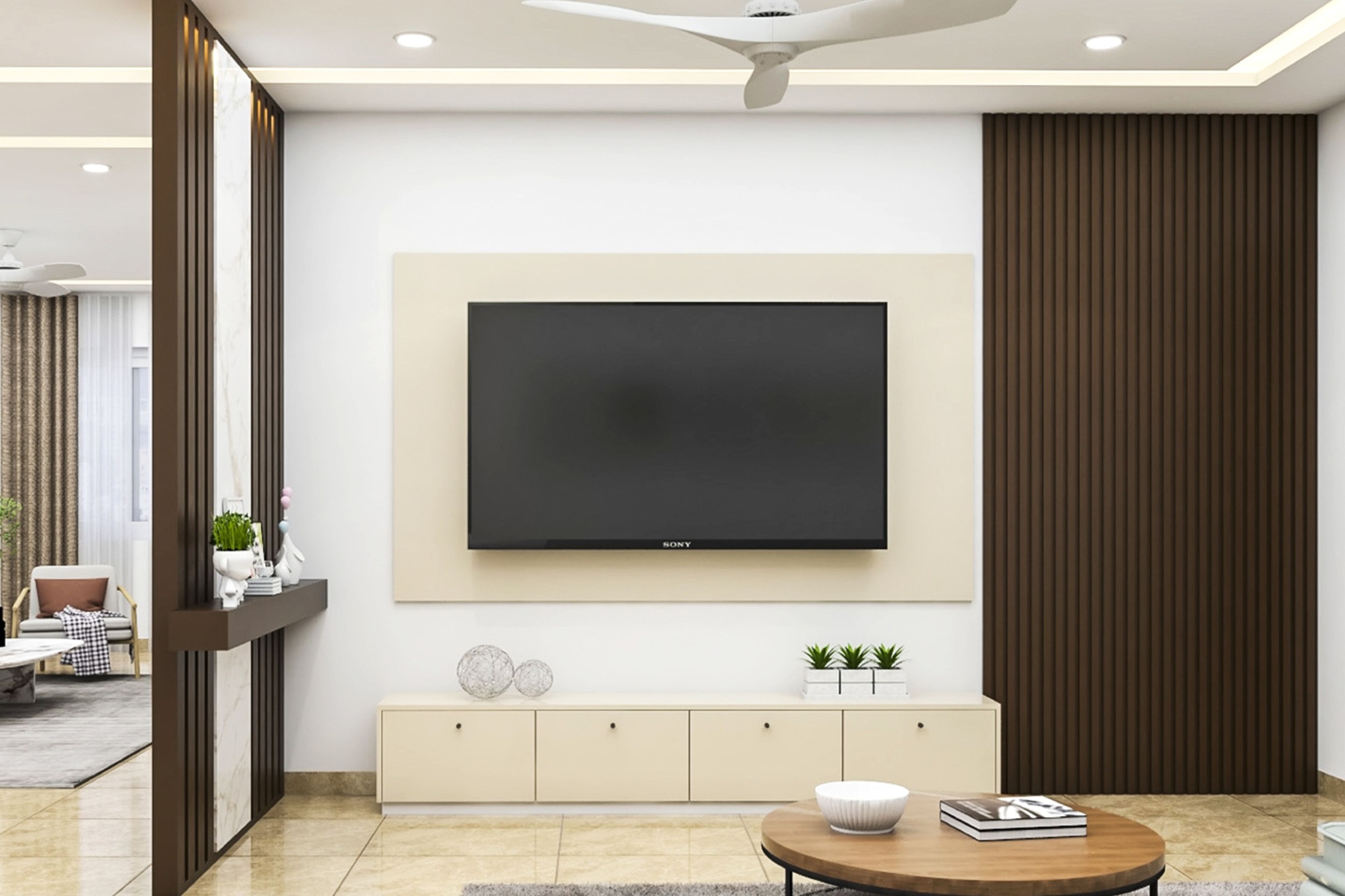 Modern Champagne TV Unit Design with Floor-Mounted Cabinet and Drawer Storage