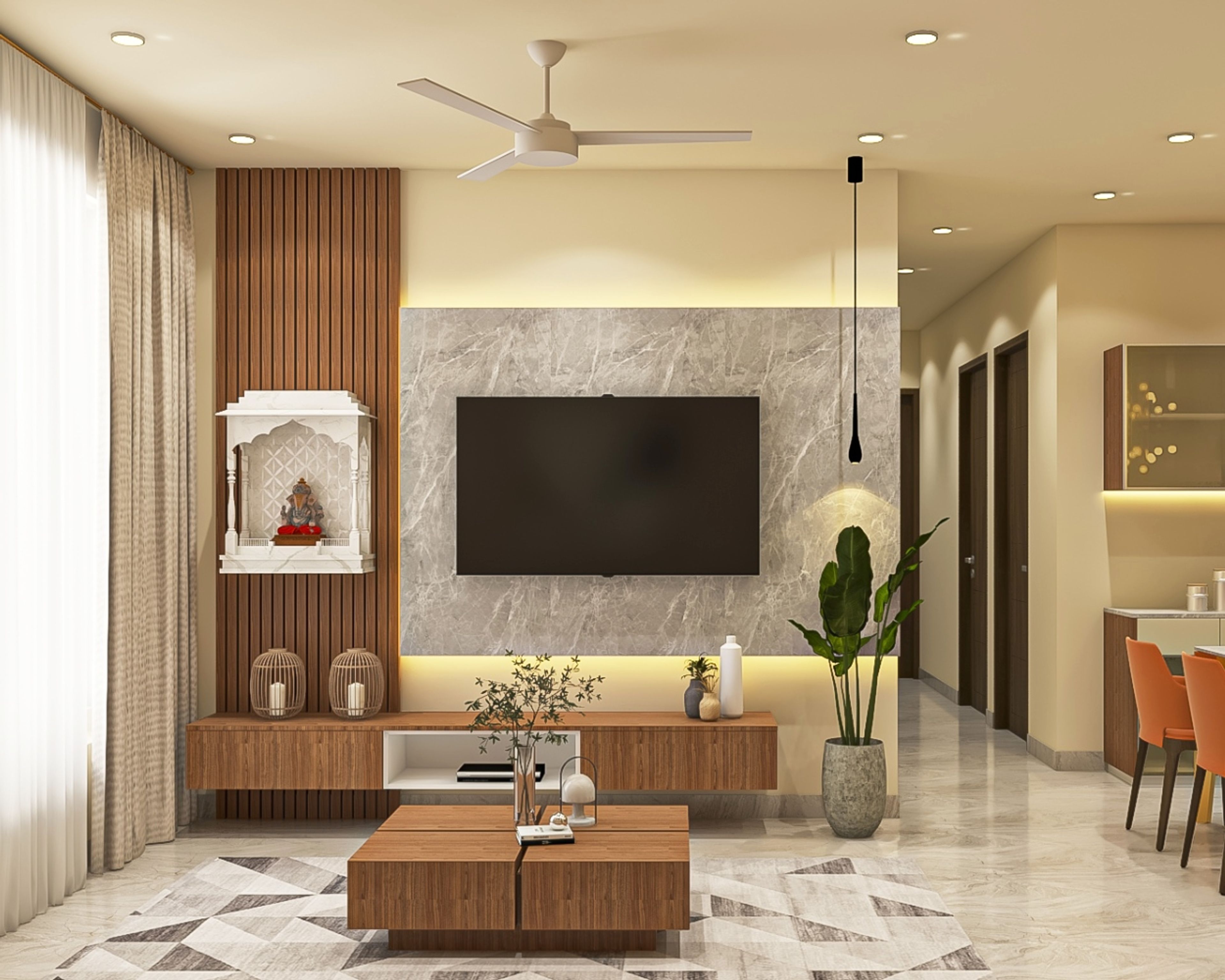 11x11 Ft TV Unit Design With Grey Marble Accent Wall And Fluted Panel - Livspace