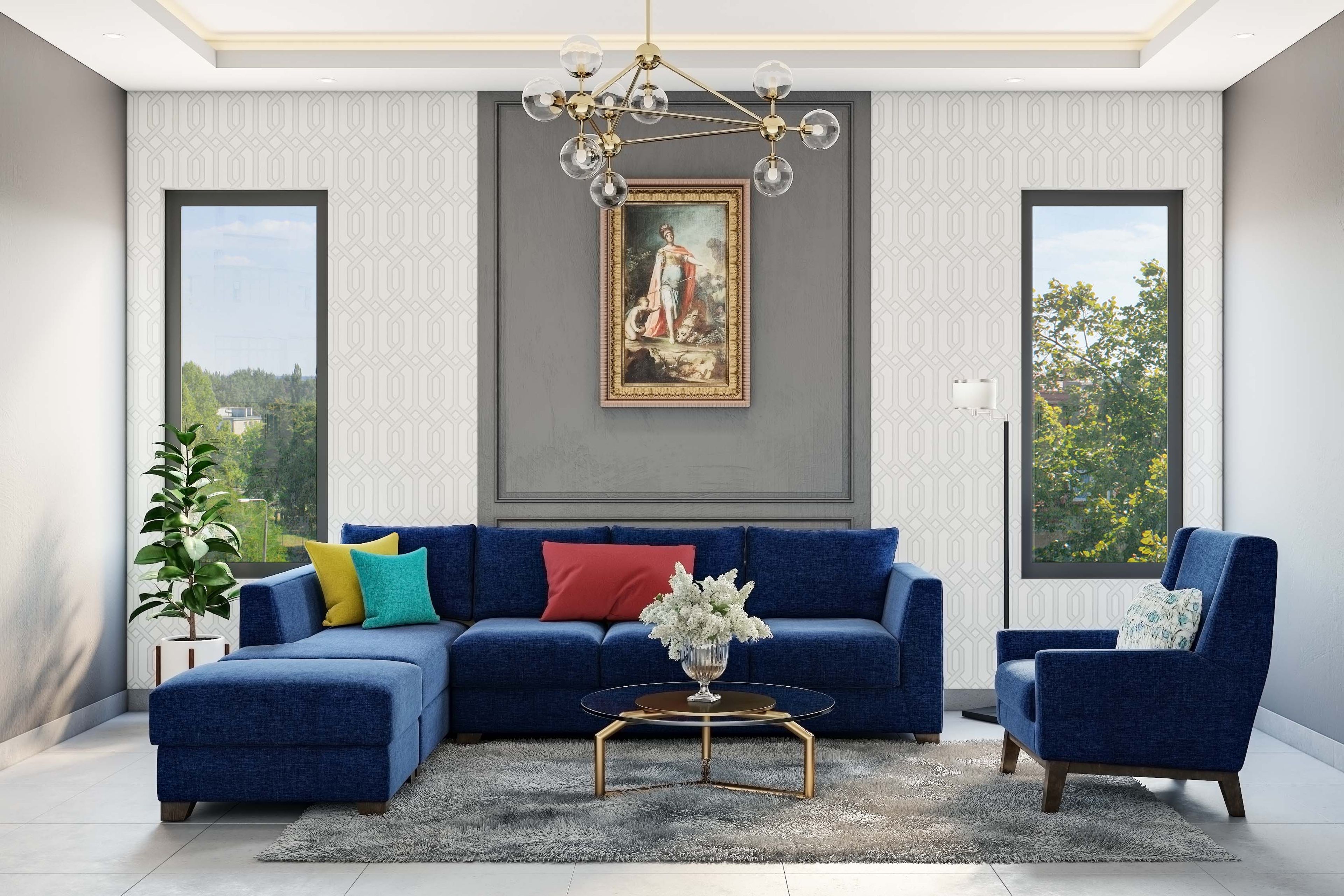 Patterned Grey And White Wallpaper Design For Living Rooms - Livspace