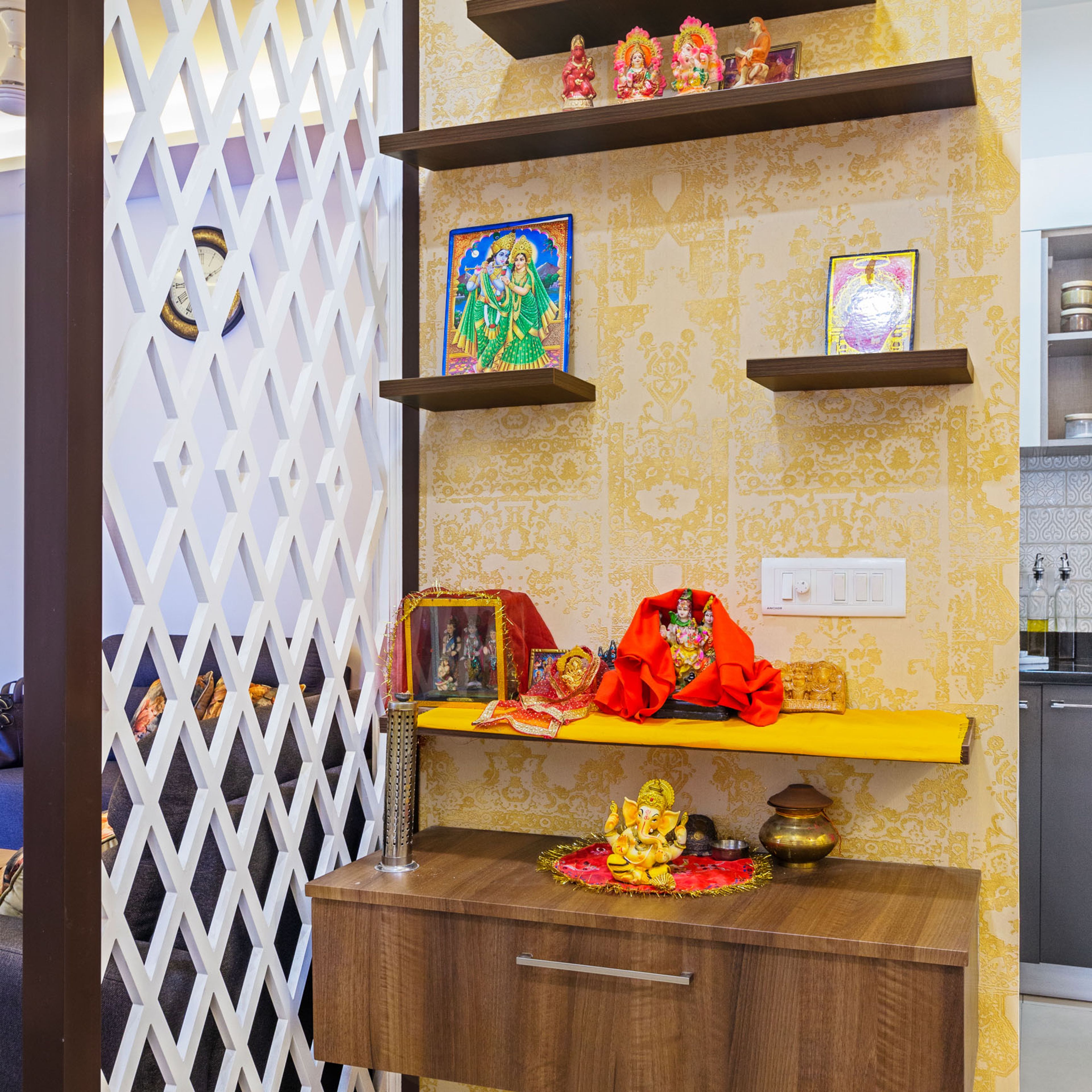 Beige And Gold Wallpaper Design For Pooja Rooms - Livspace