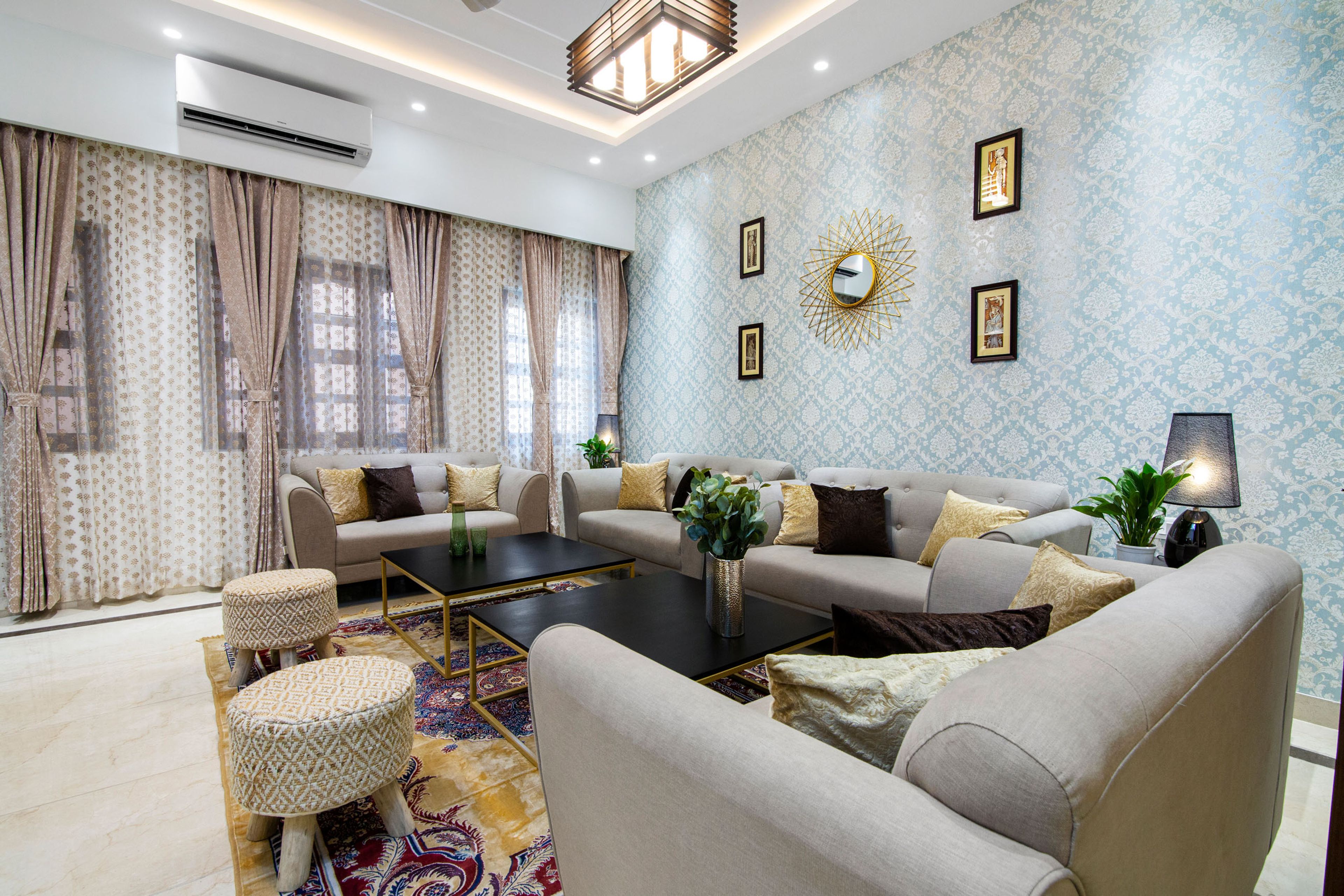 Blue And White Art Deco Living Room Wallpaper Design - Livspace