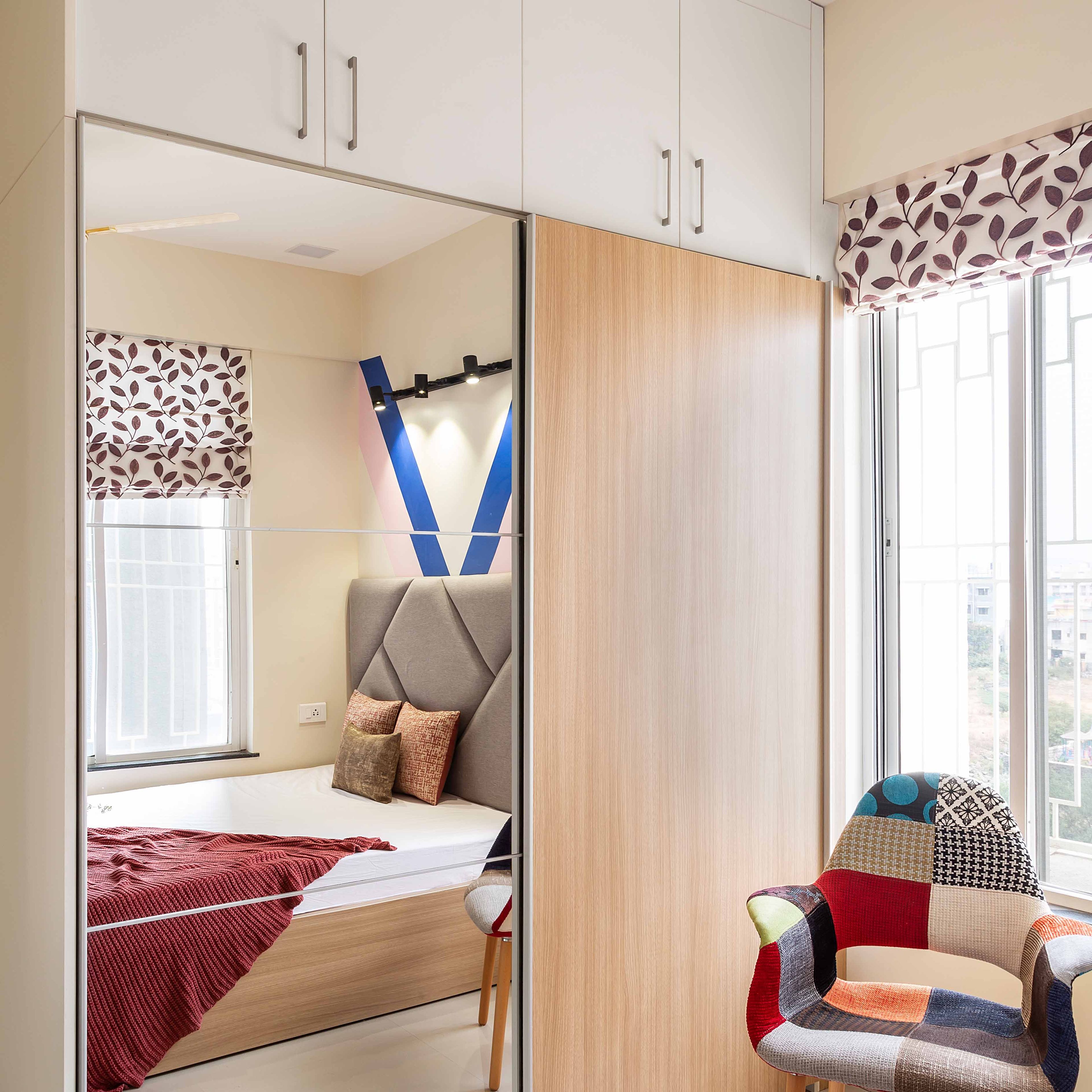 Modern American Walnut and Frosty White Sliding Door Wardrobe Design with Suede Laminate Finish