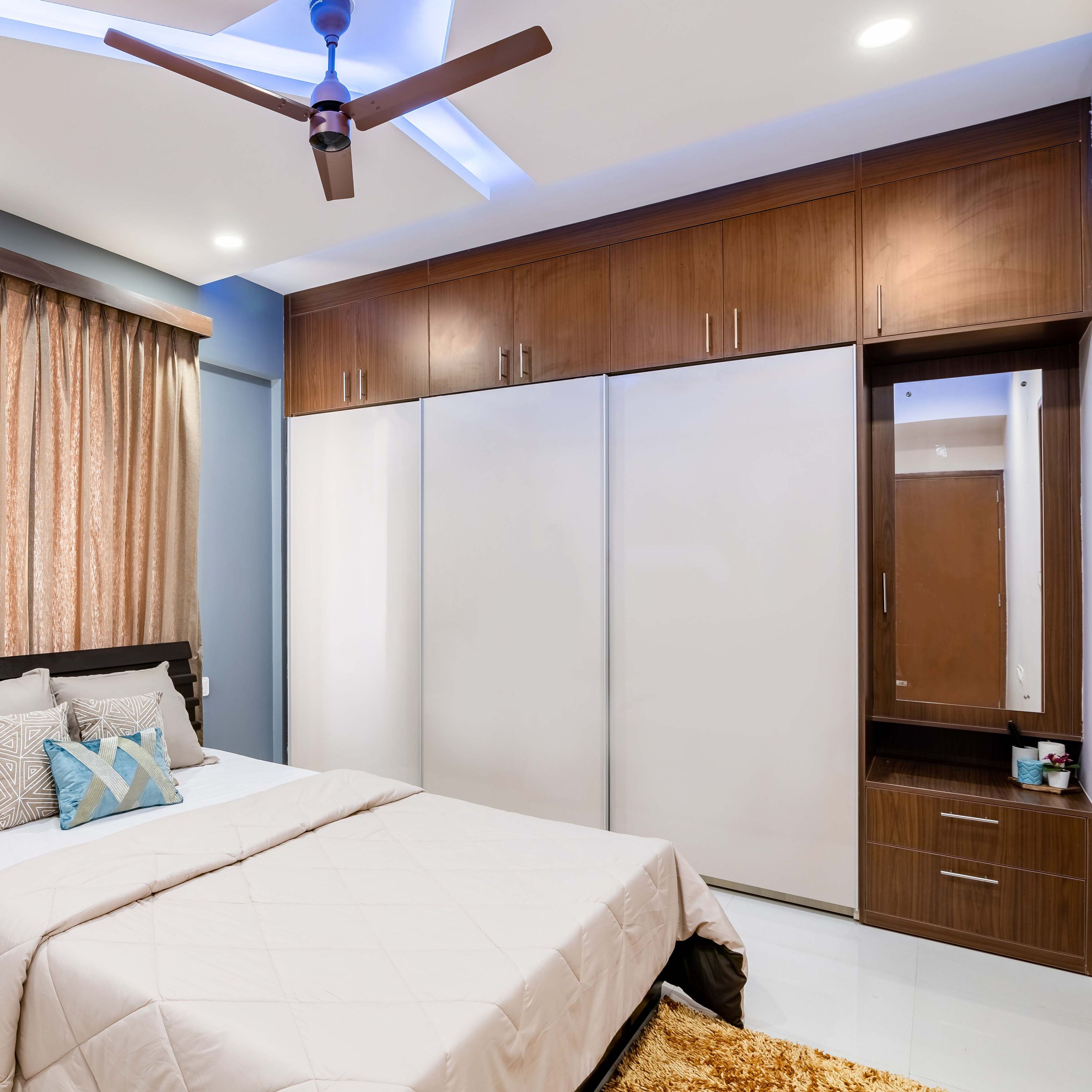 Modern Frosty White Wardrobe and Sandy Fossil Loft Set with Glossy and Suede Finishes