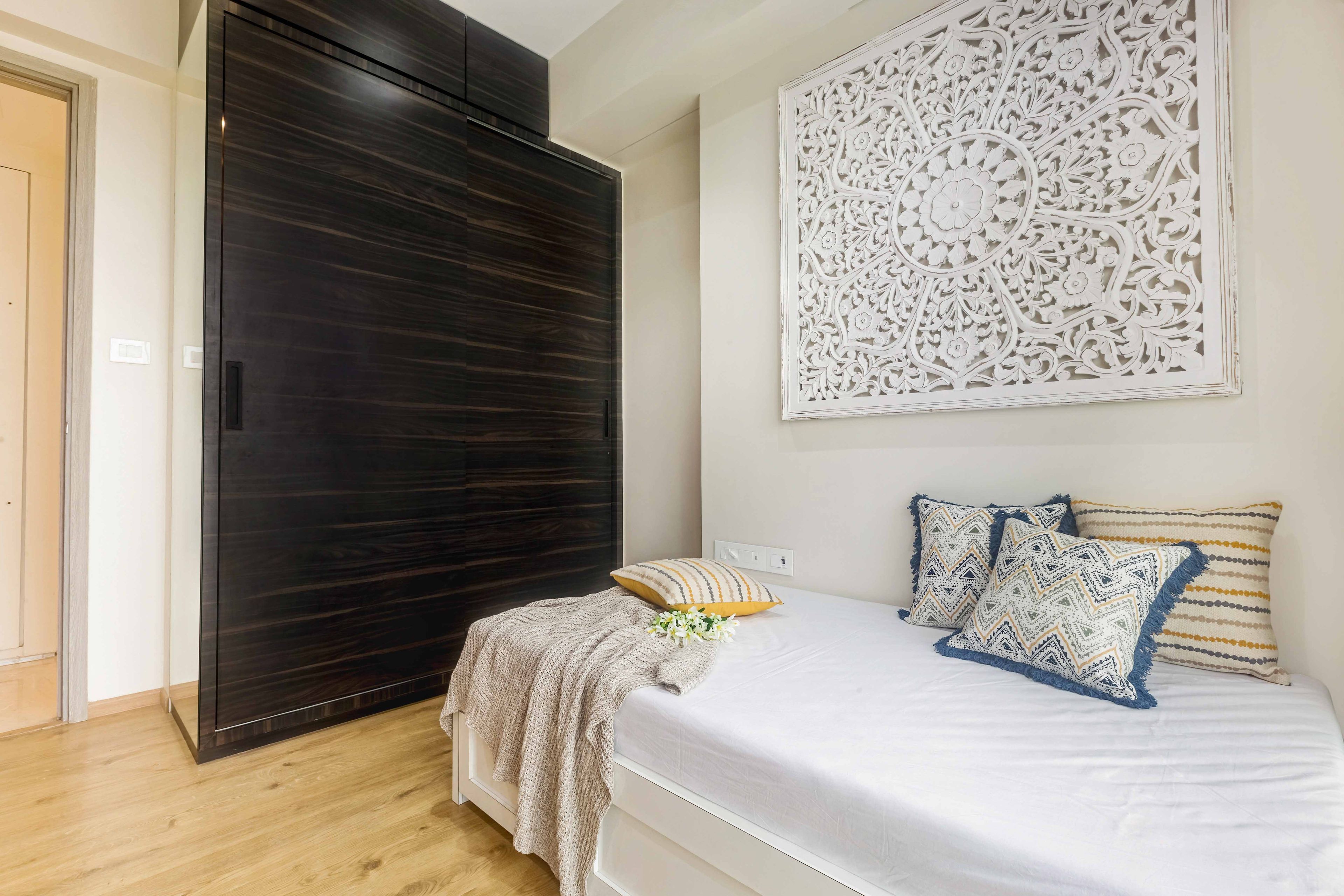 Contemporary Cherry Walnut Wardrobe Design with Suede Laminate Finish