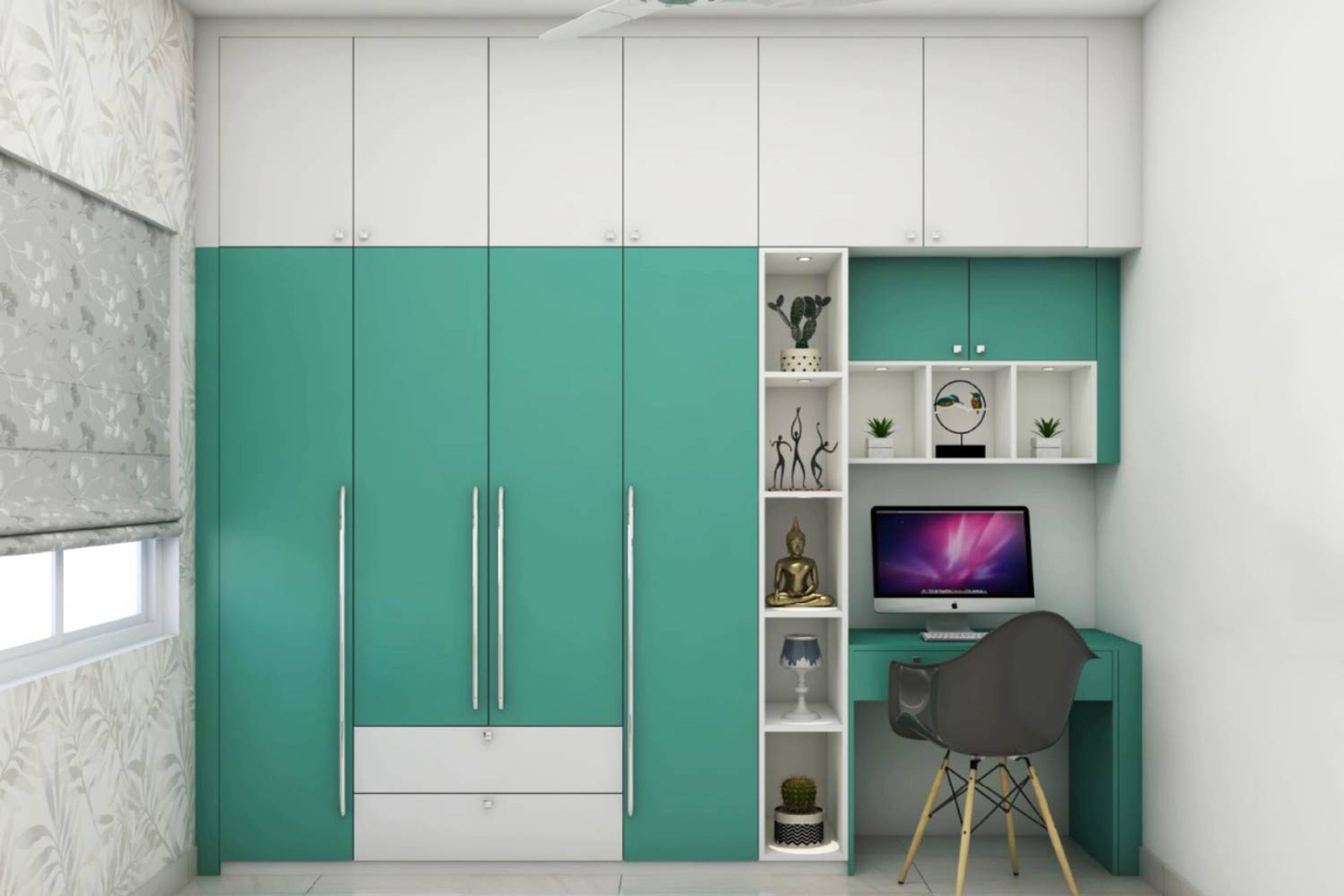 Contemporary 4-Door Swing Wardrobe in Celestial Blue and Frosty White with Laminate Suede Finish