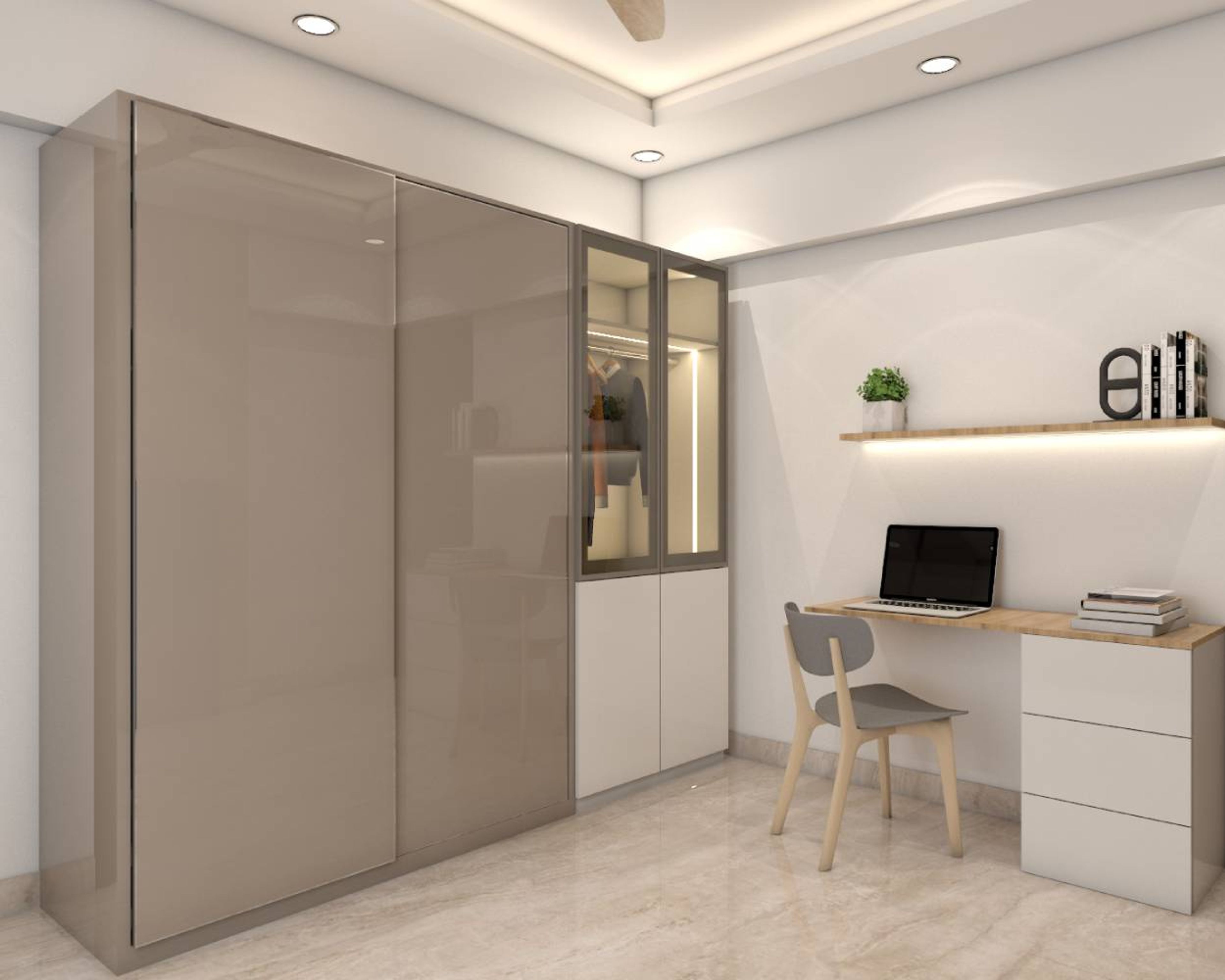 Contemporary 2-Door Sliding Door Wardrobe in Irish Cream with High Gloss Laminate Finish