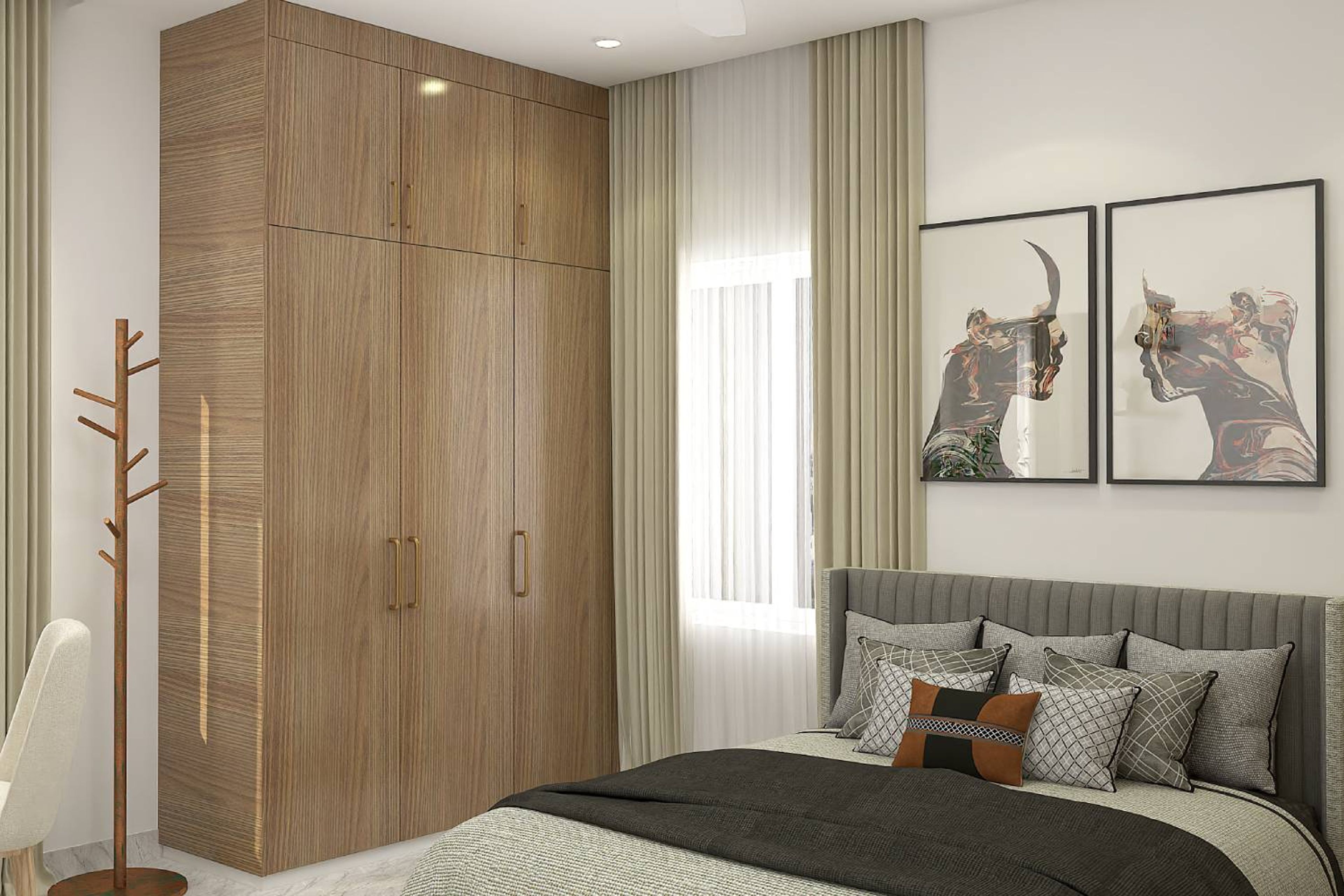 Contemporary 3-Door Swing Wardrobe in Parsian Vertical Walnut with Laminate Suede Finish