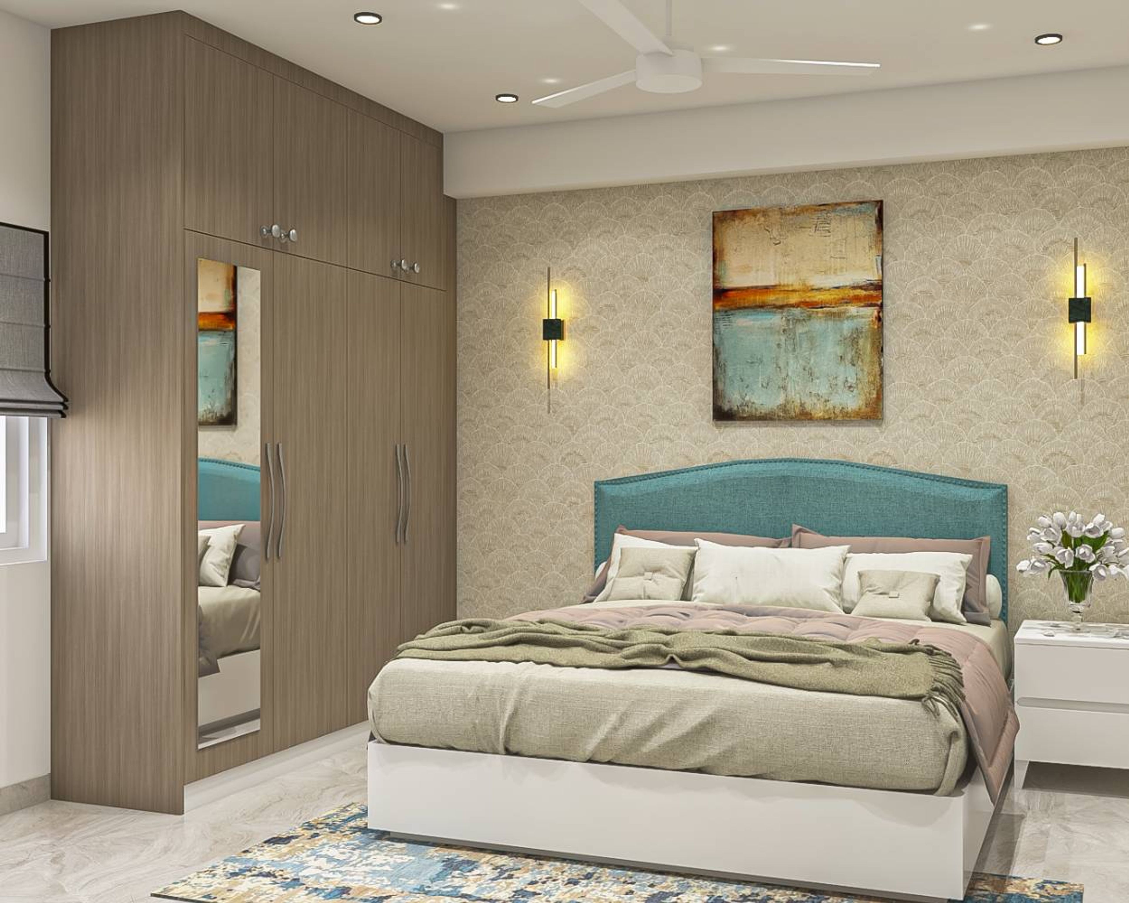 Contemporary 4-Door Swing Wardrobe in Tahiti Samoa Teak with Laminate Suede Finish