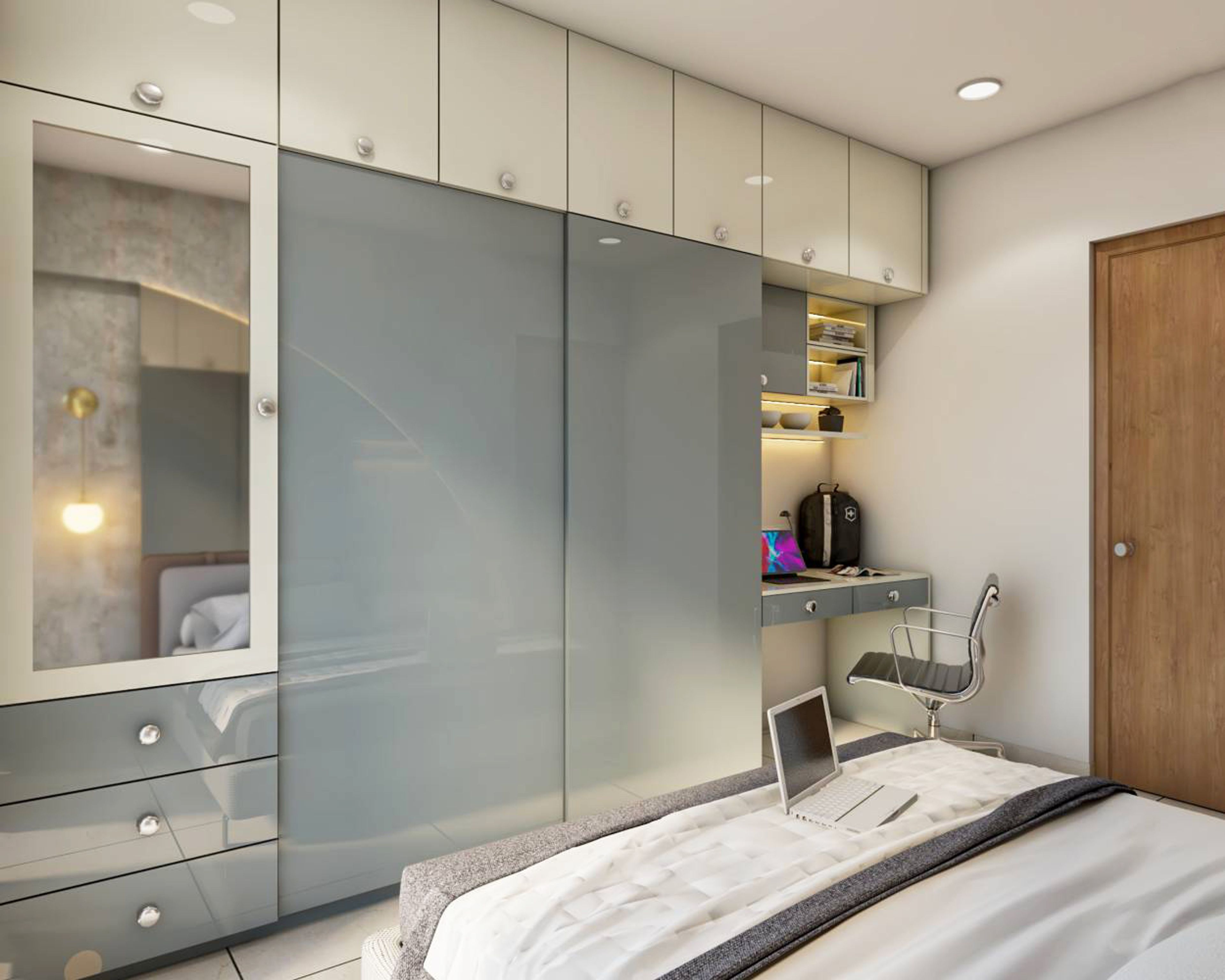 Contemporary 2-Door Sliding Door Wardrobe in Silver Frost and Parsian Frosty White with High Gloss and Laminate Suede Finish