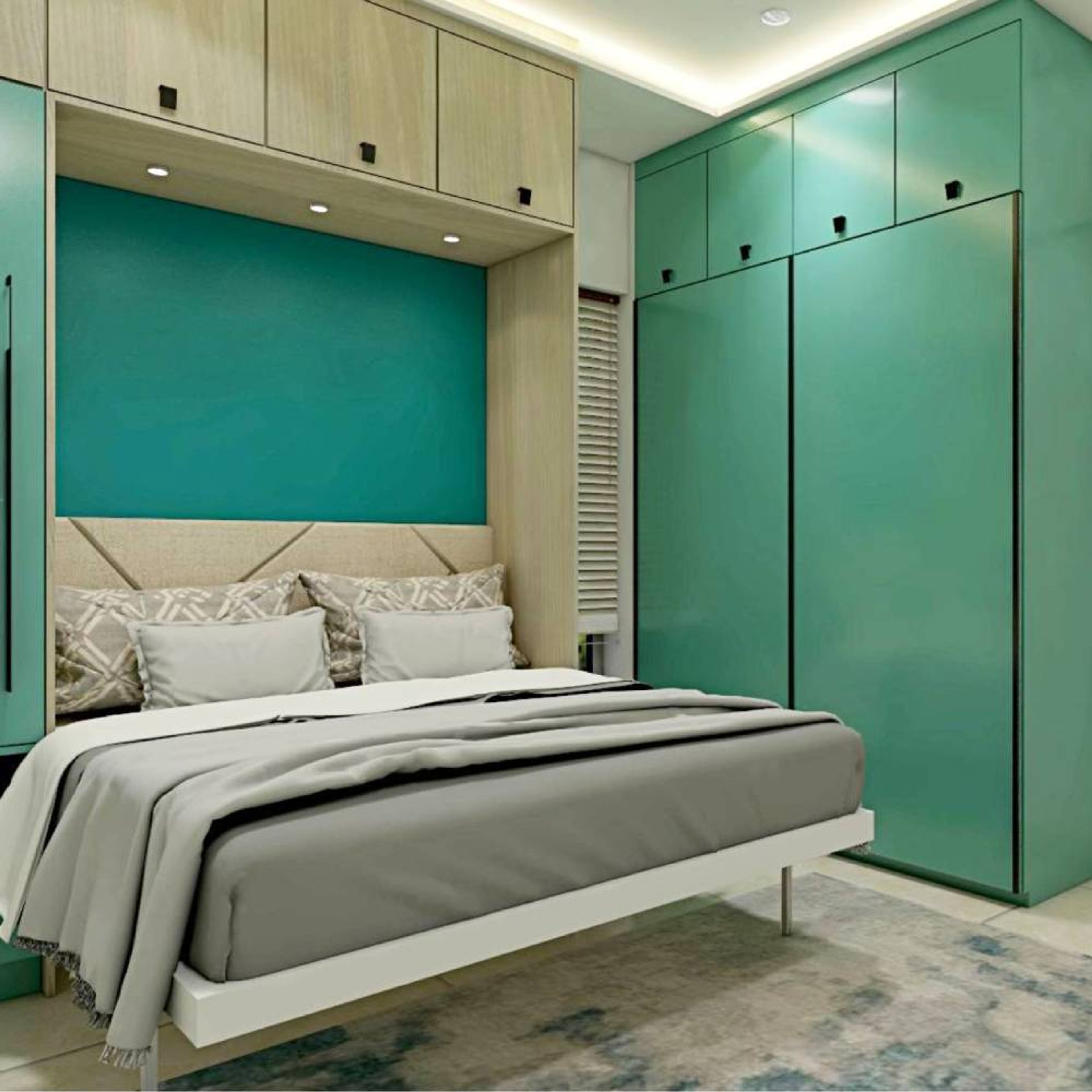 Contemporary 2-Door Sliding Door Wardrobe Design in Aqua Green with Laminate Suede Finish