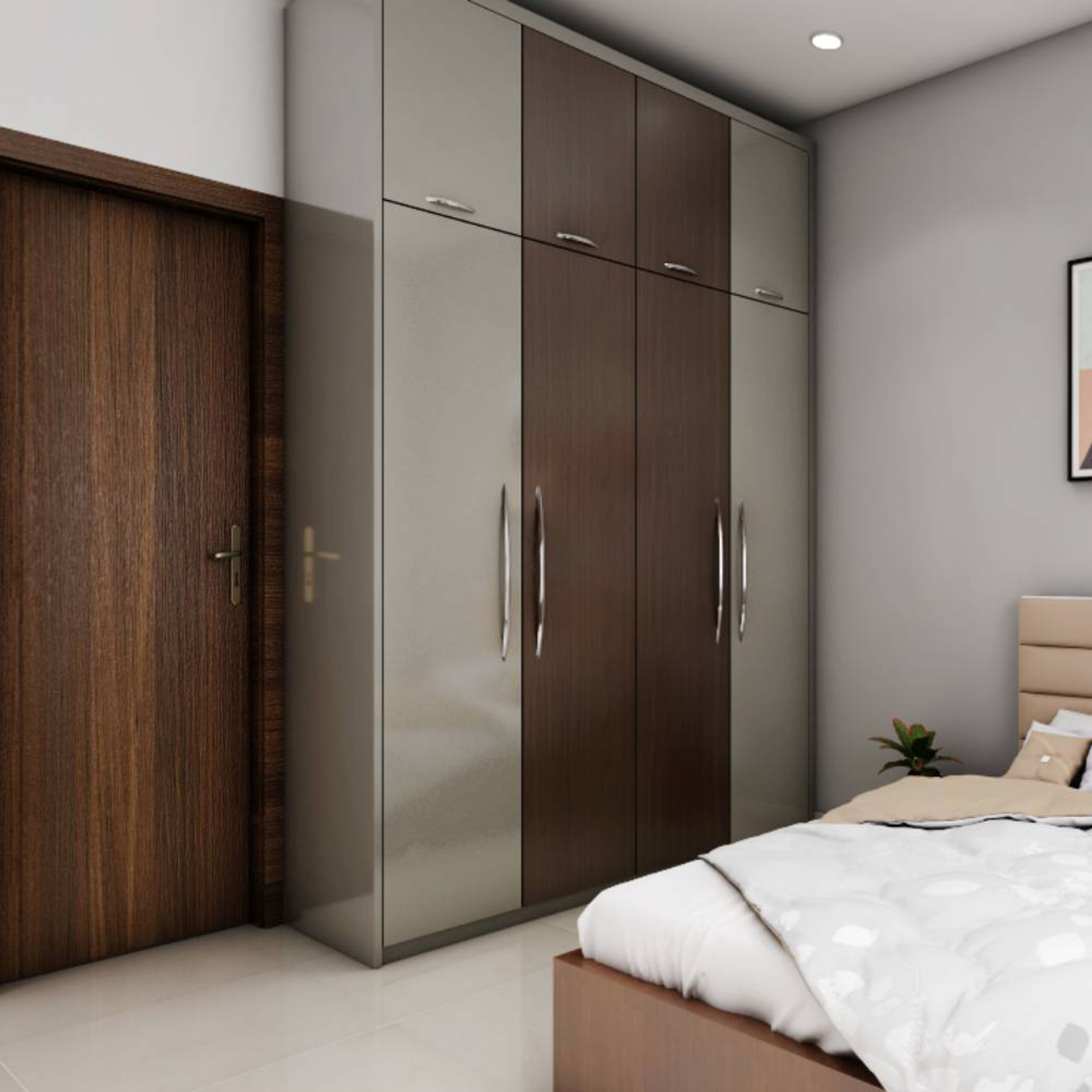 Classic 4-Door Swing Wardrobe in Canadian Walnut and Smoke Grey with Laminate Suede Finish