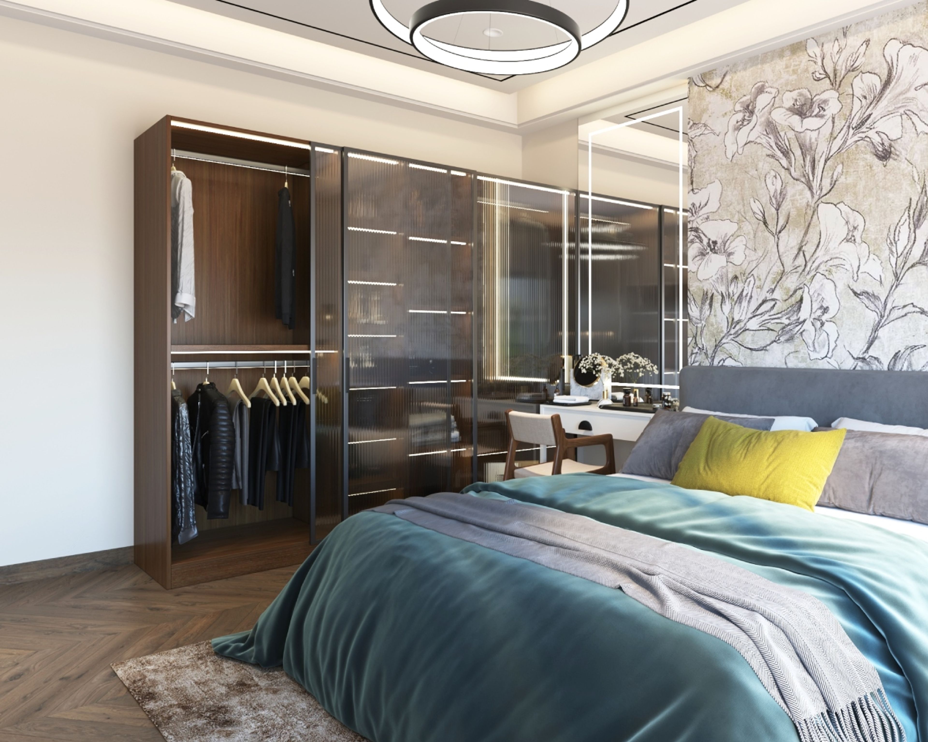 Contemporary Persian Vertical Walnut Sliding Door Wardrobe Design with Suede Laminate Finish