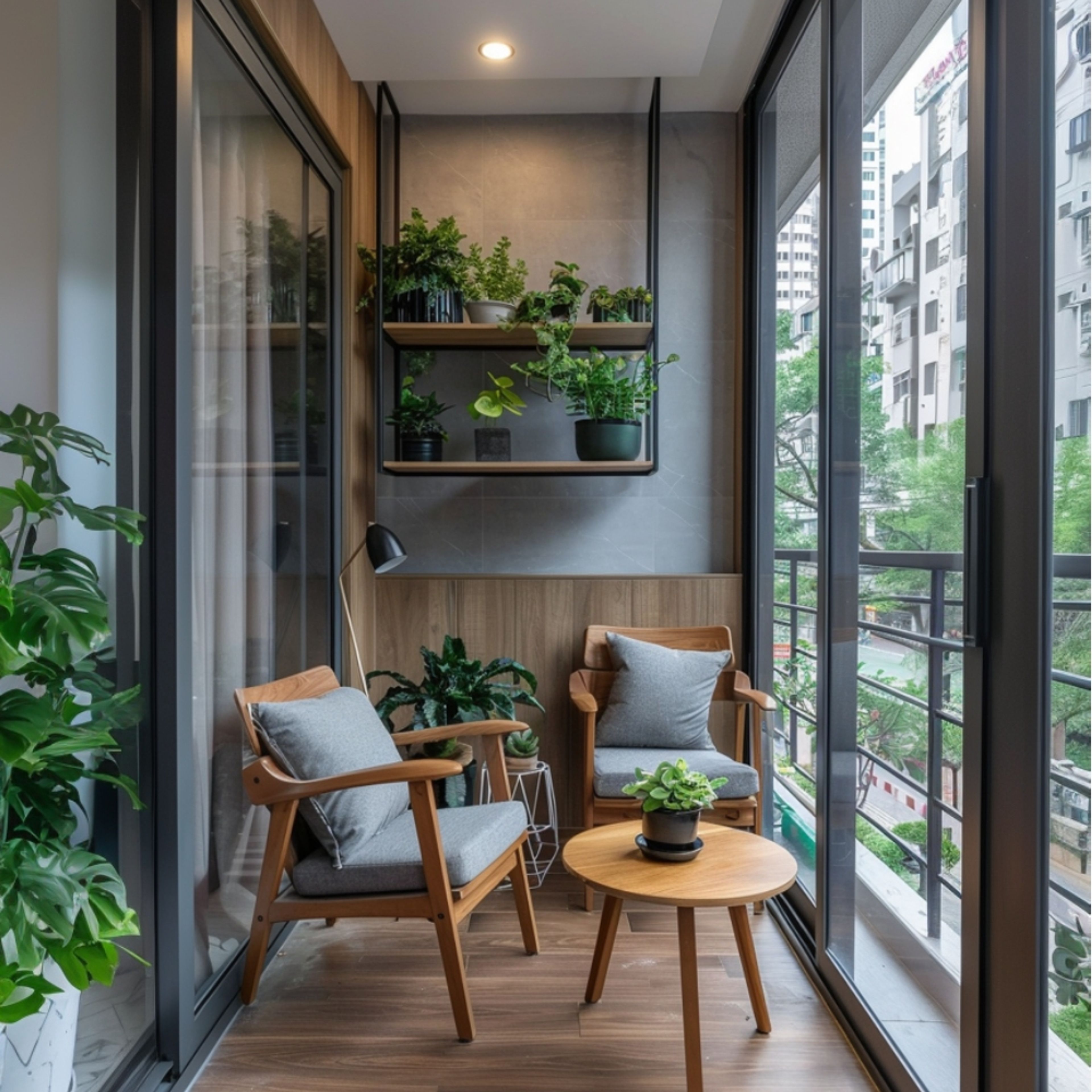 Contemporary Balcony Design with Wooden Wall Panel