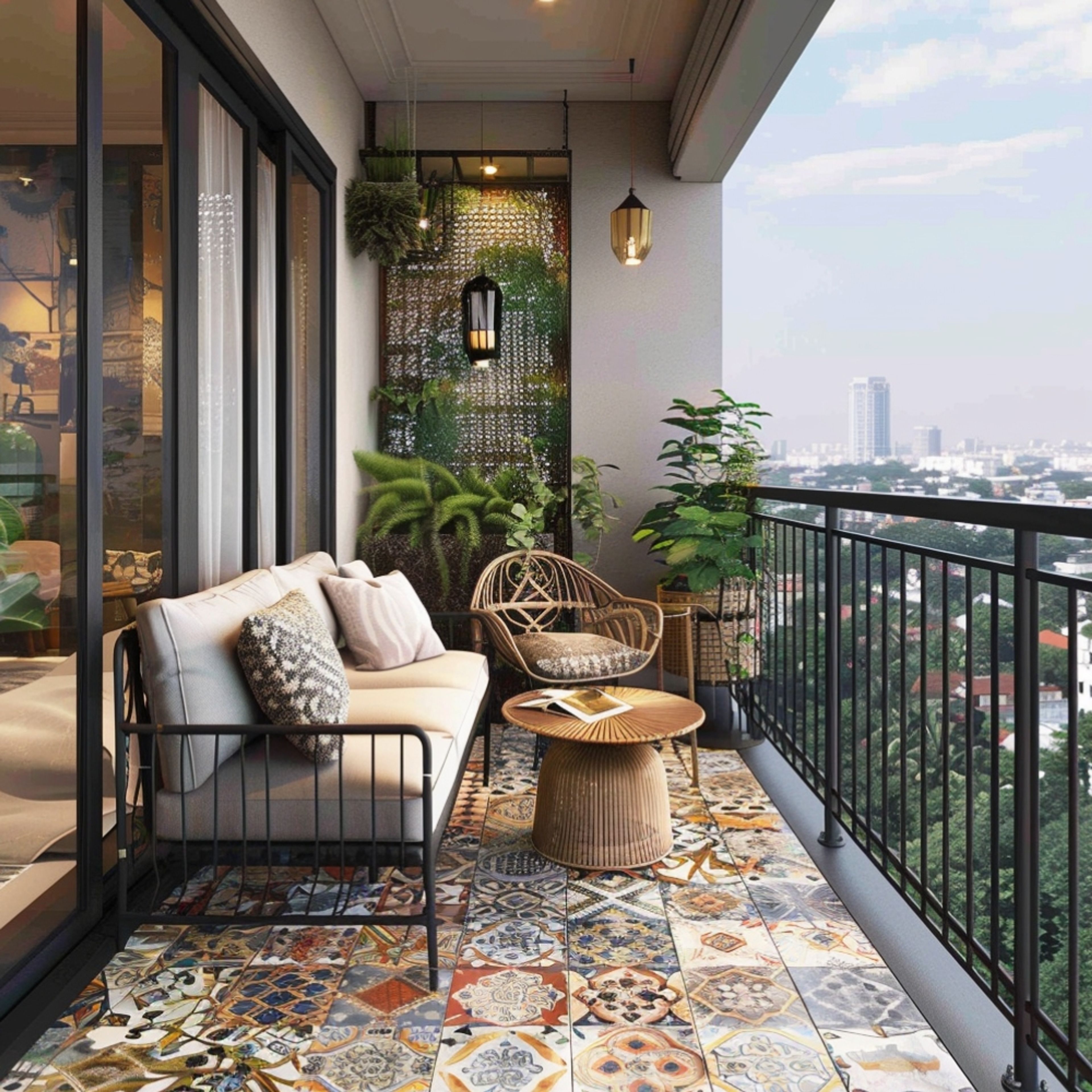Contemporary Balcony Design with Grey Wall and Patterned Tiles