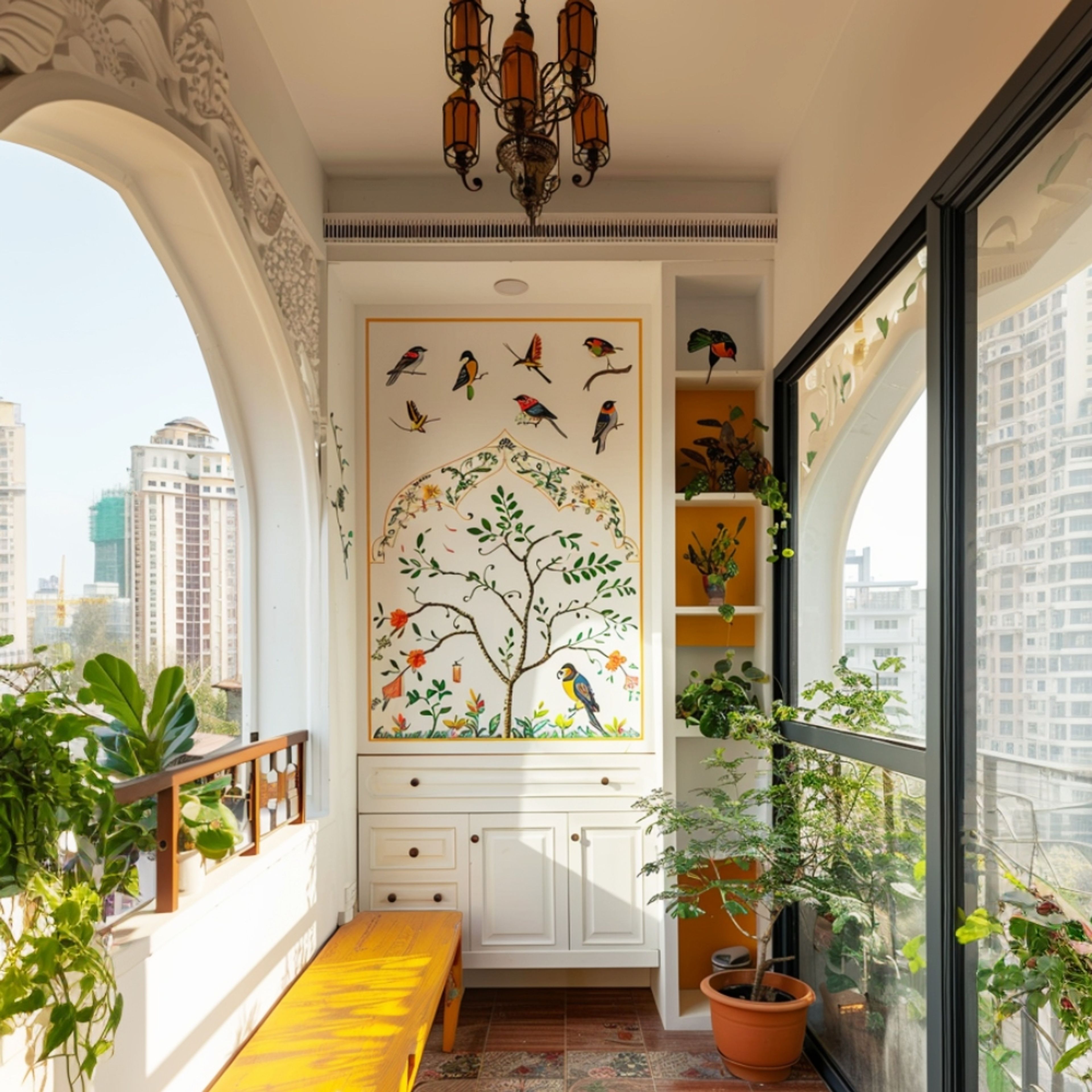 Indian Traditional Balcony Design with Colorful Bench Seating