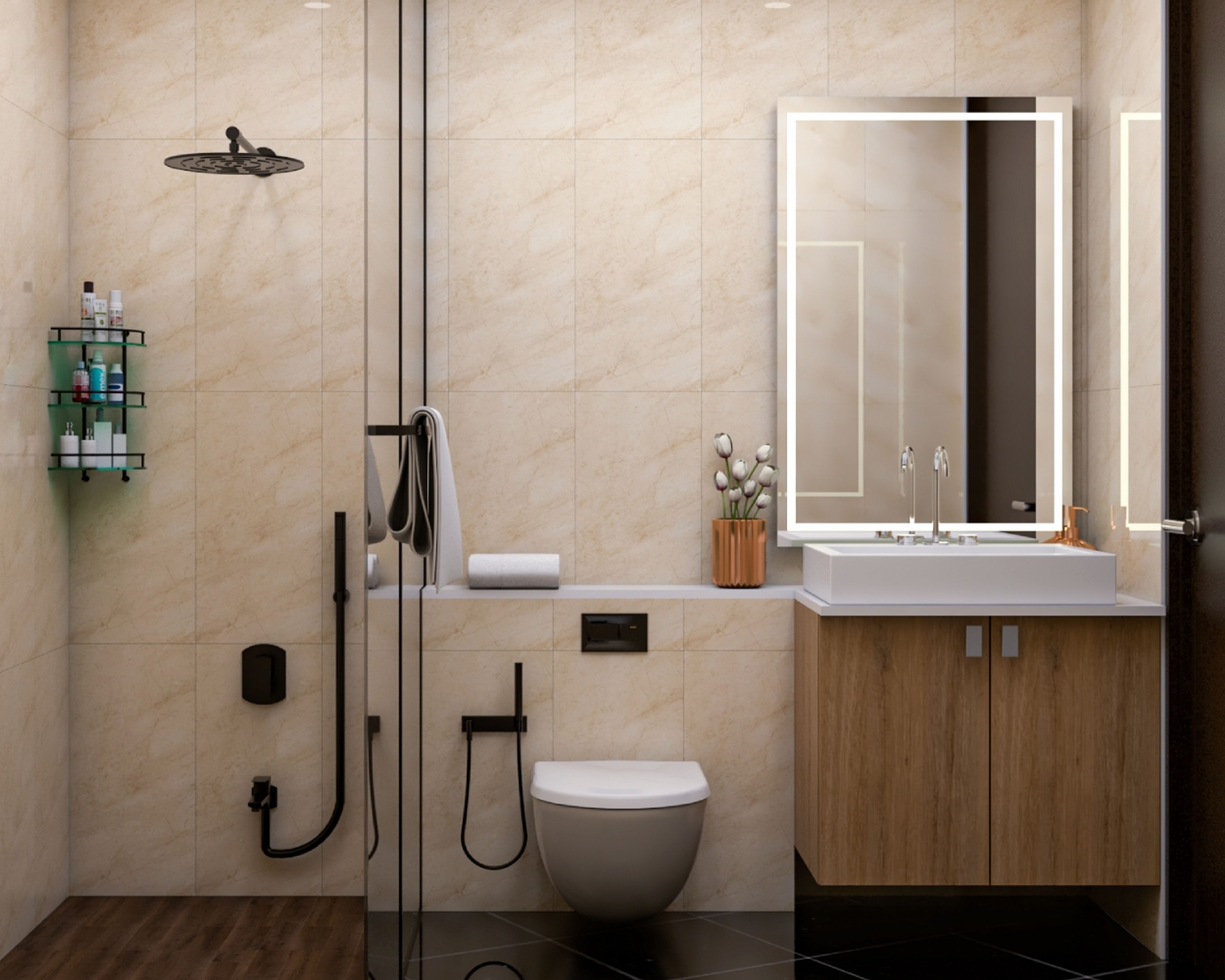 Modern Bathroom Design with Beige Tiles and LED Mirror
