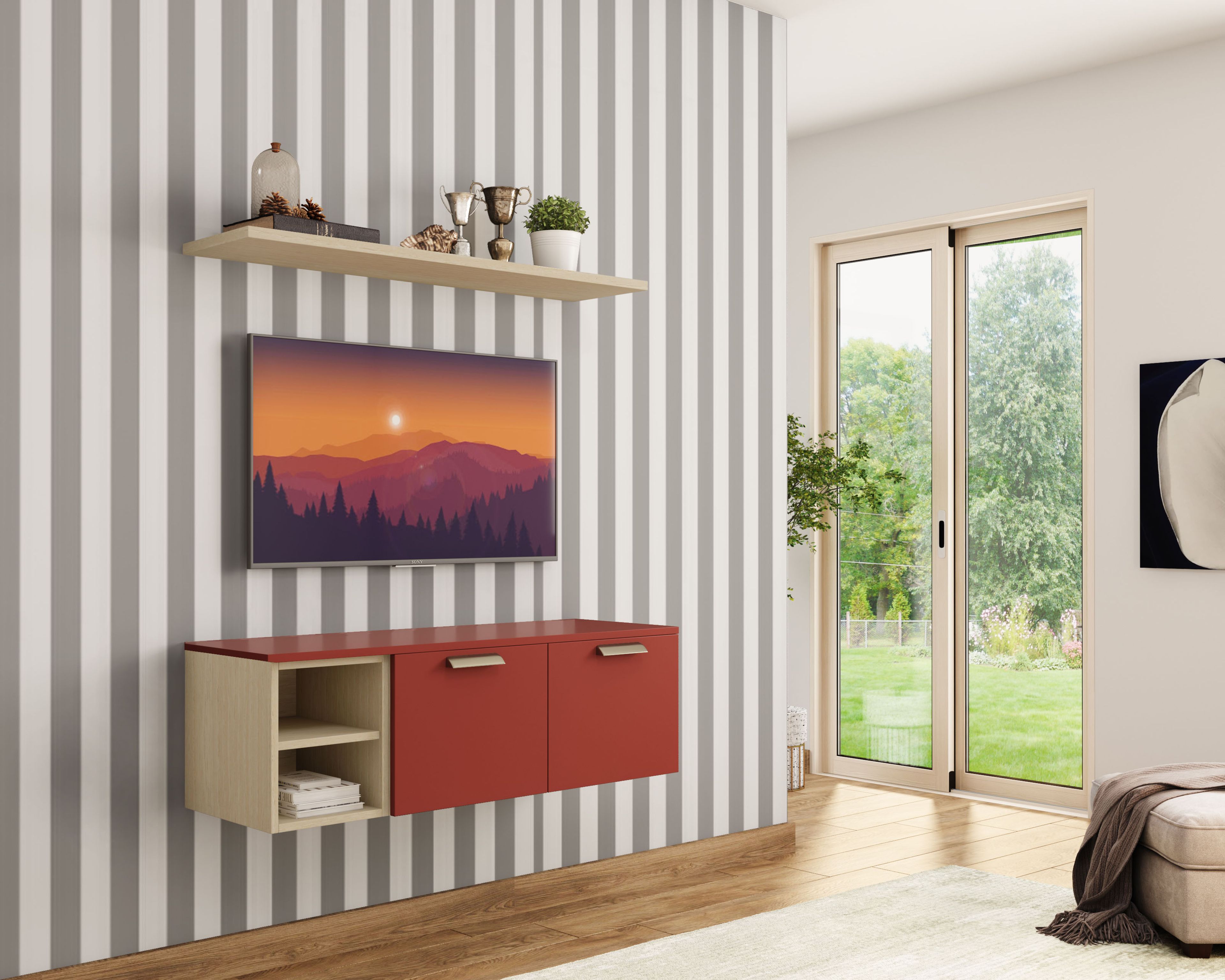 TV unit design in light red and walnut colour