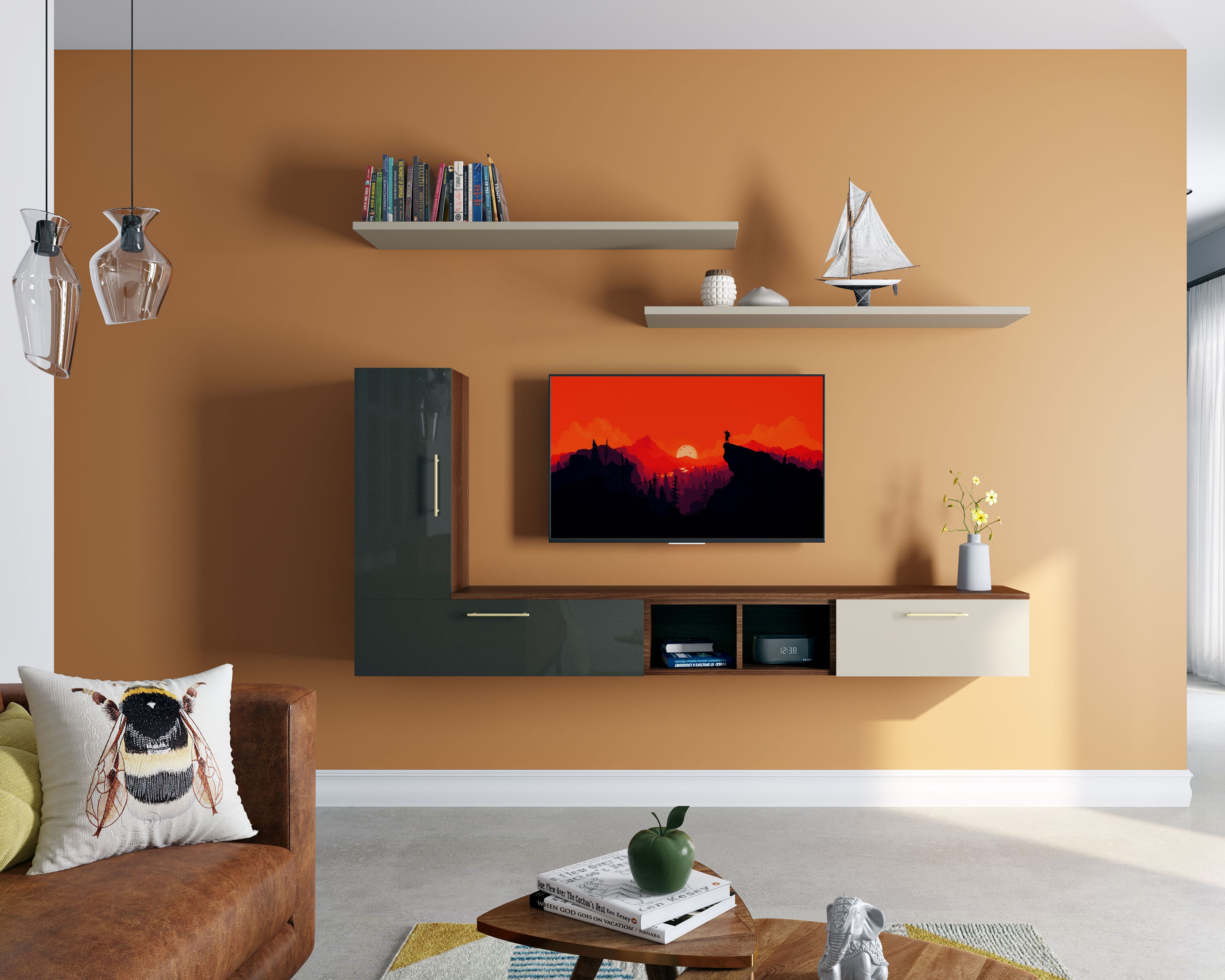 TV unit design with orange backdrop wall