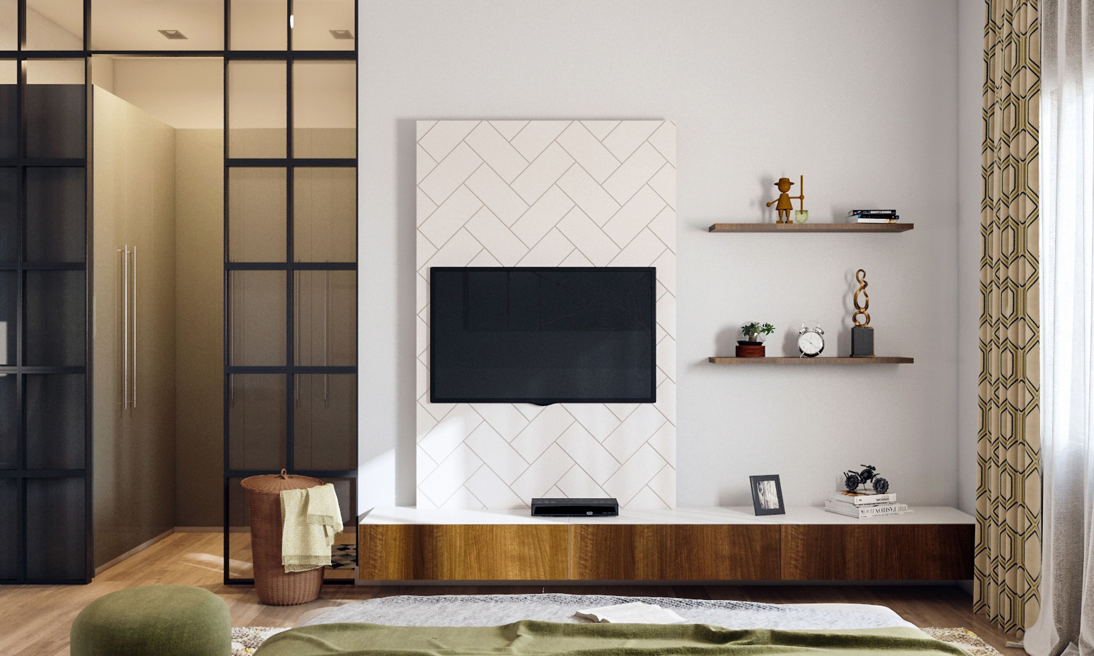 Bronze and white TV unit design
