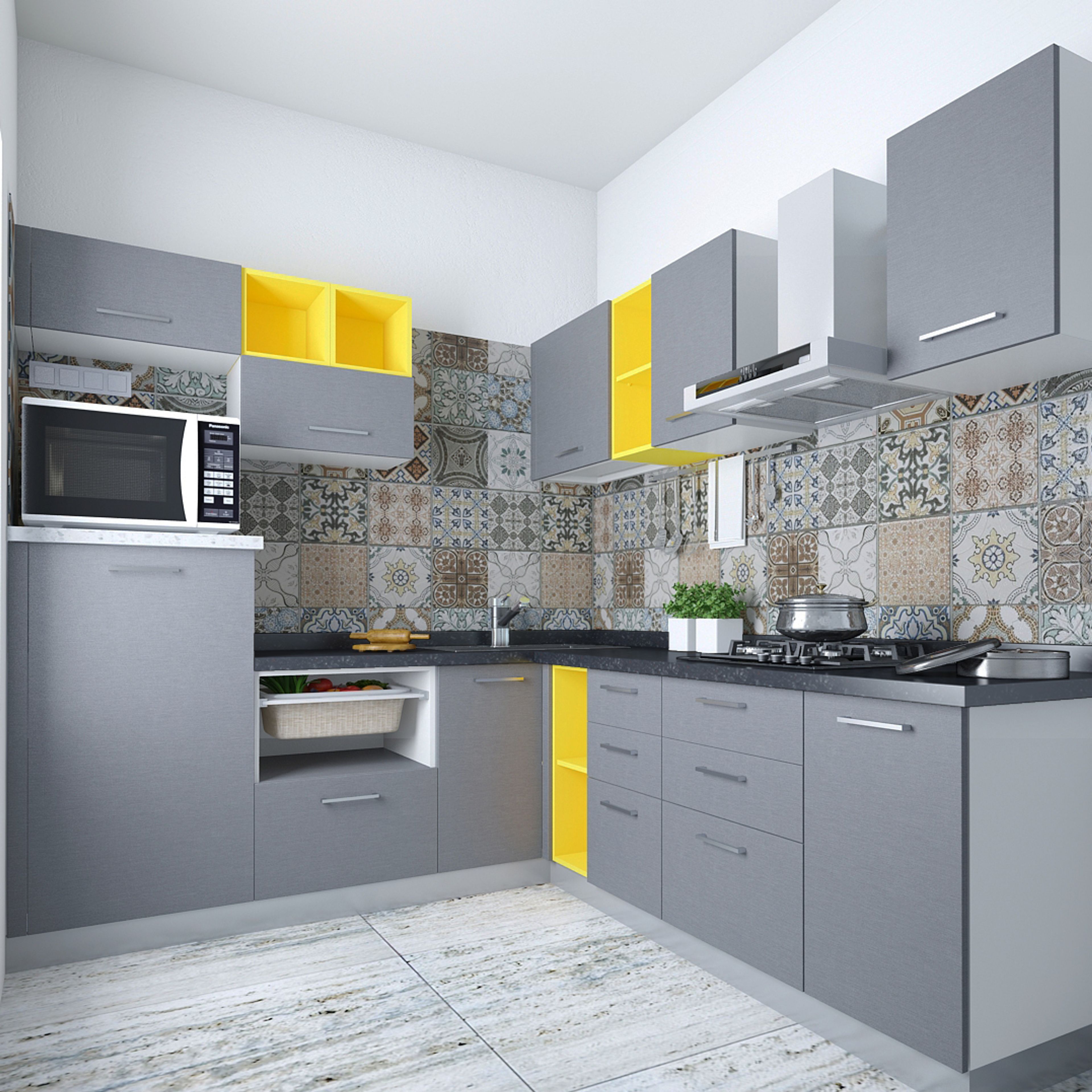 L-Shaped Kitchen Design with Mosaic Tiles