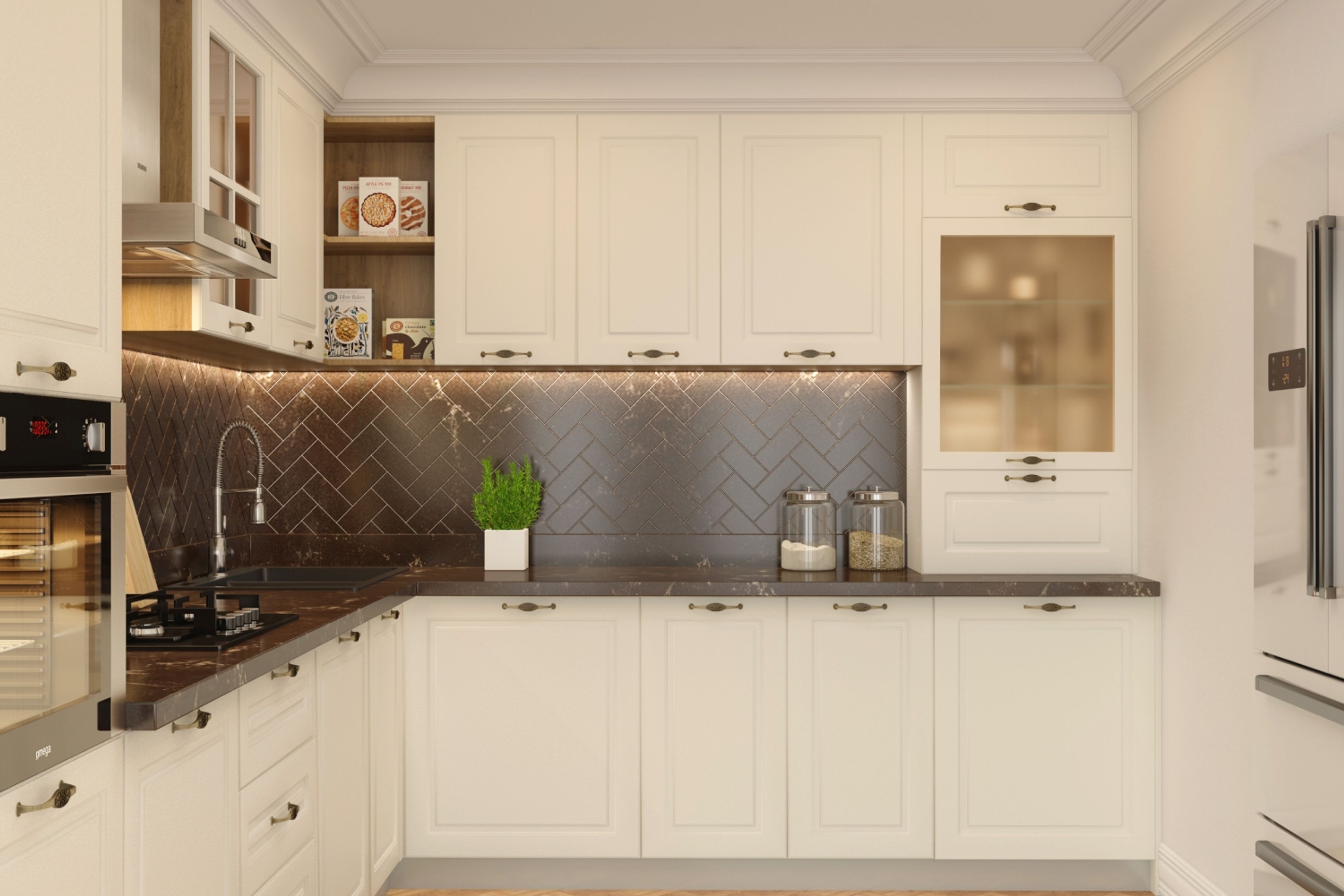 L-Shaped Kitchen Design with Off-White Cabinets