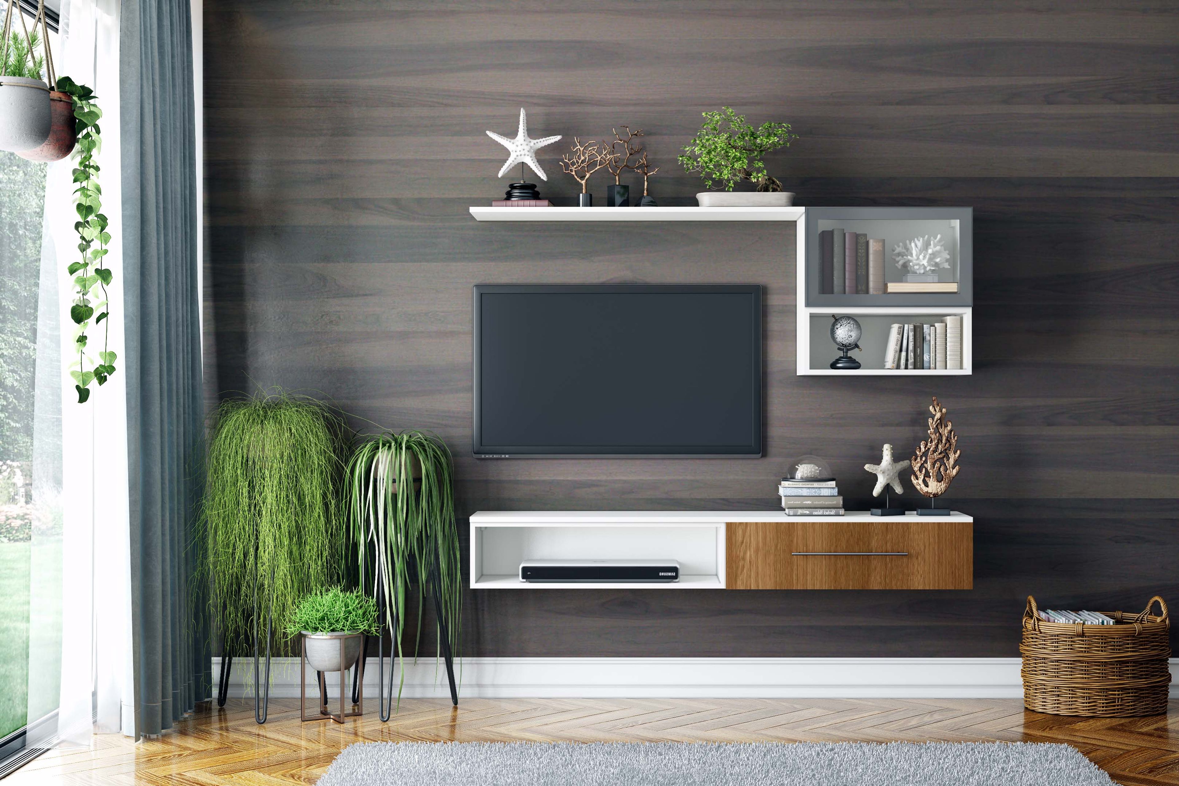 Streamlined Modern TV Unit Design in Walnut Bronze and White