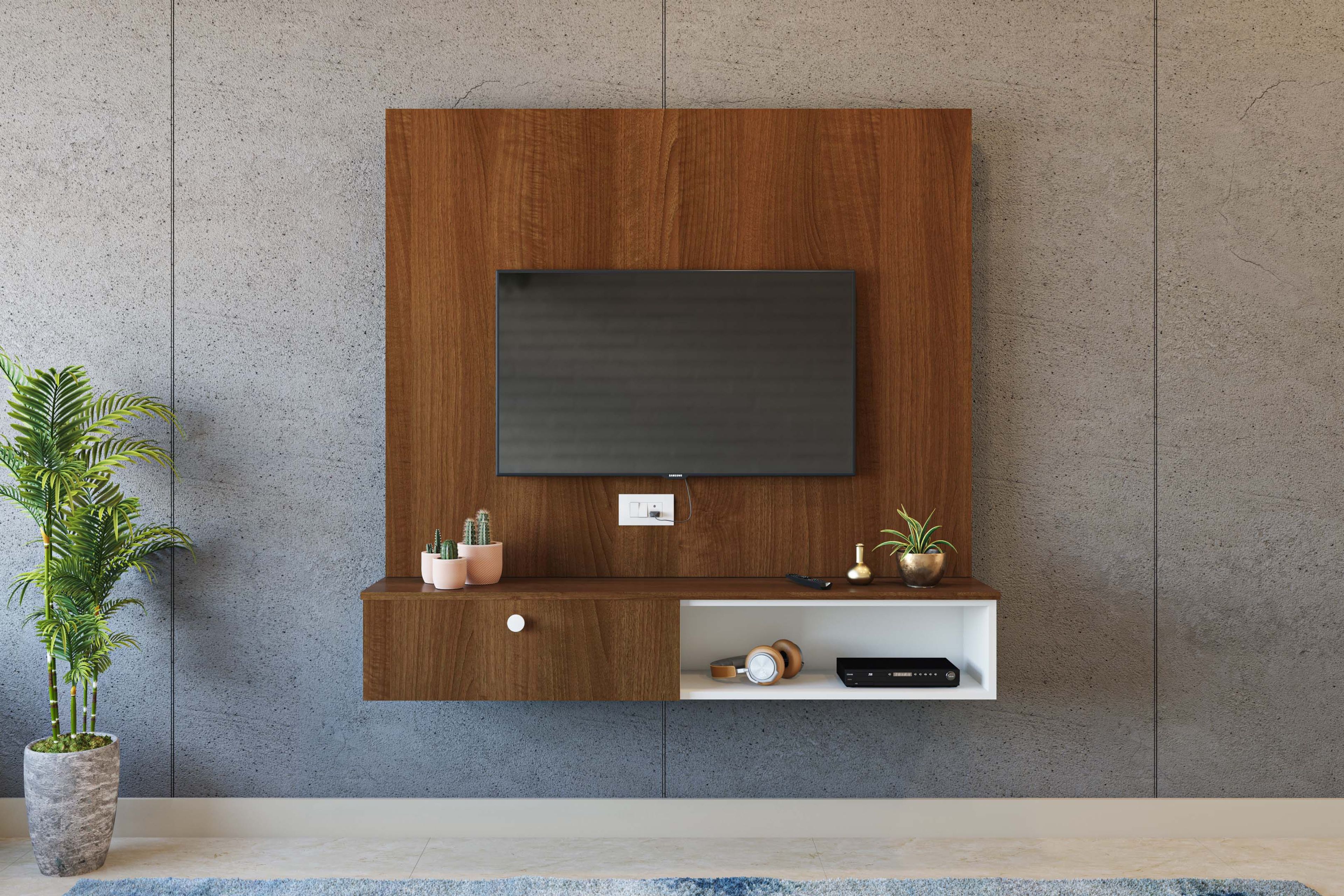 Contemporary TV Unit Design in Bronze and White with Storage