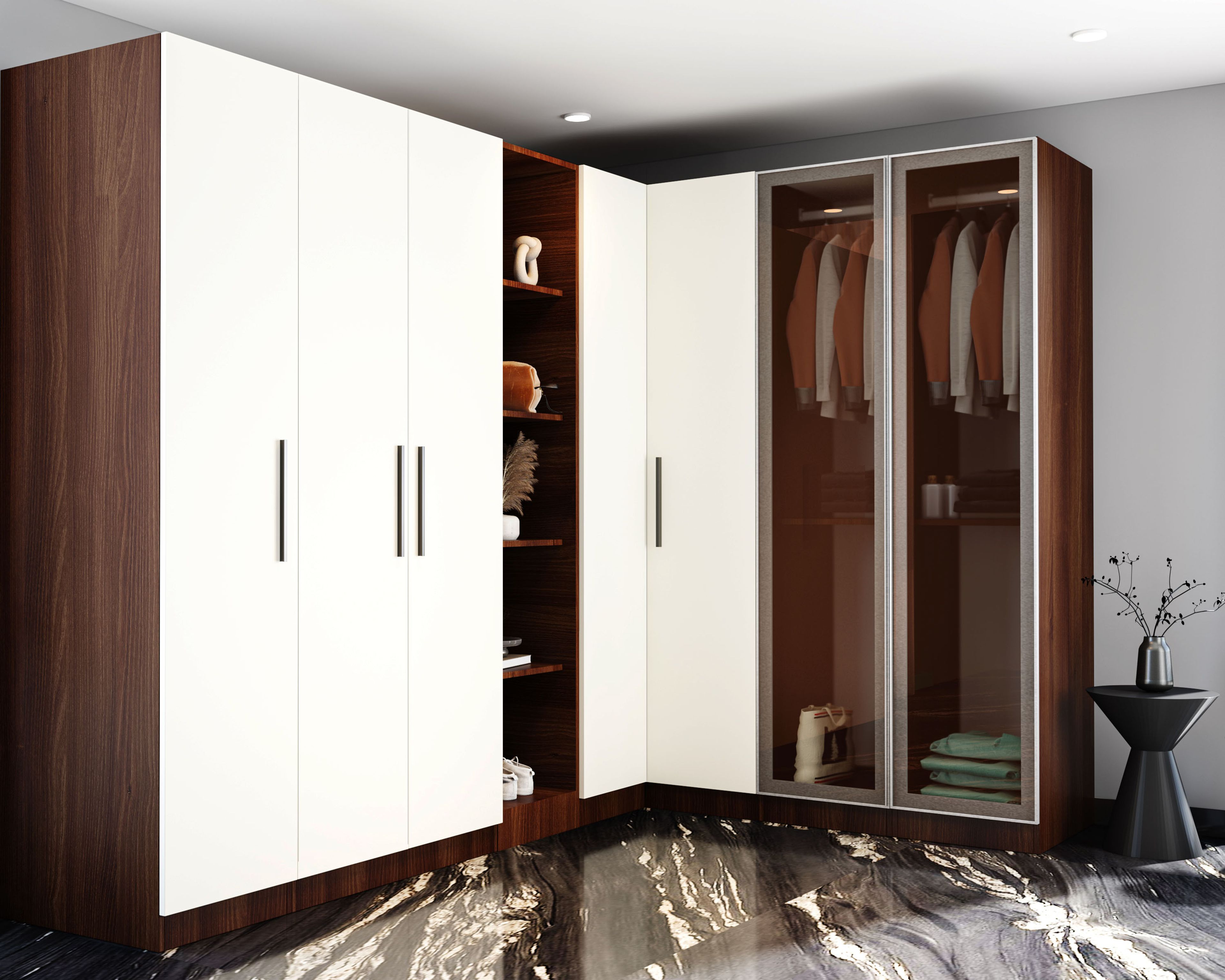 Modern 6-Door L-Shaped Swing Wardrobe Design in White
