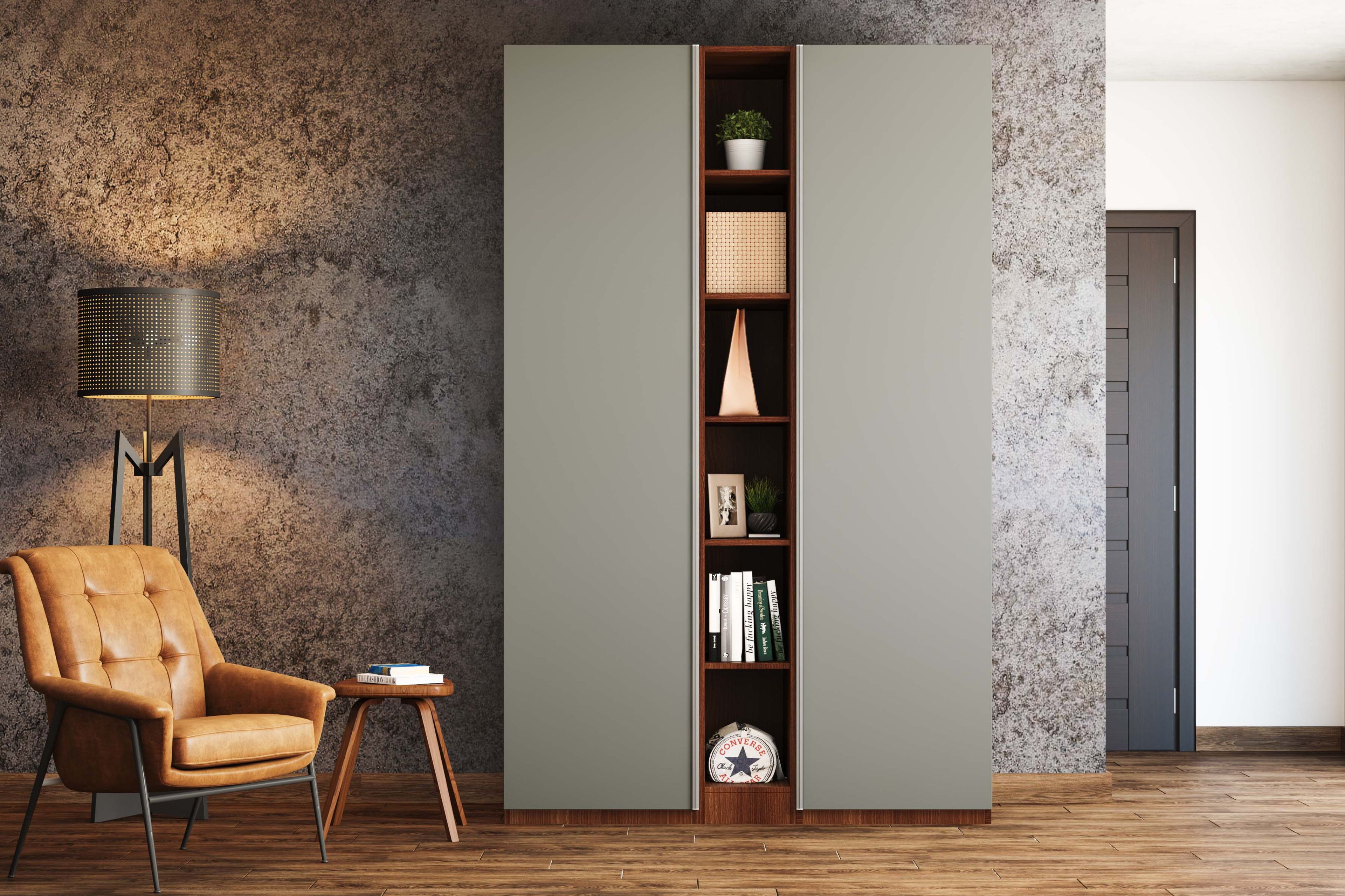 2-Door Wardrobe Design with Open Wooden Shelves