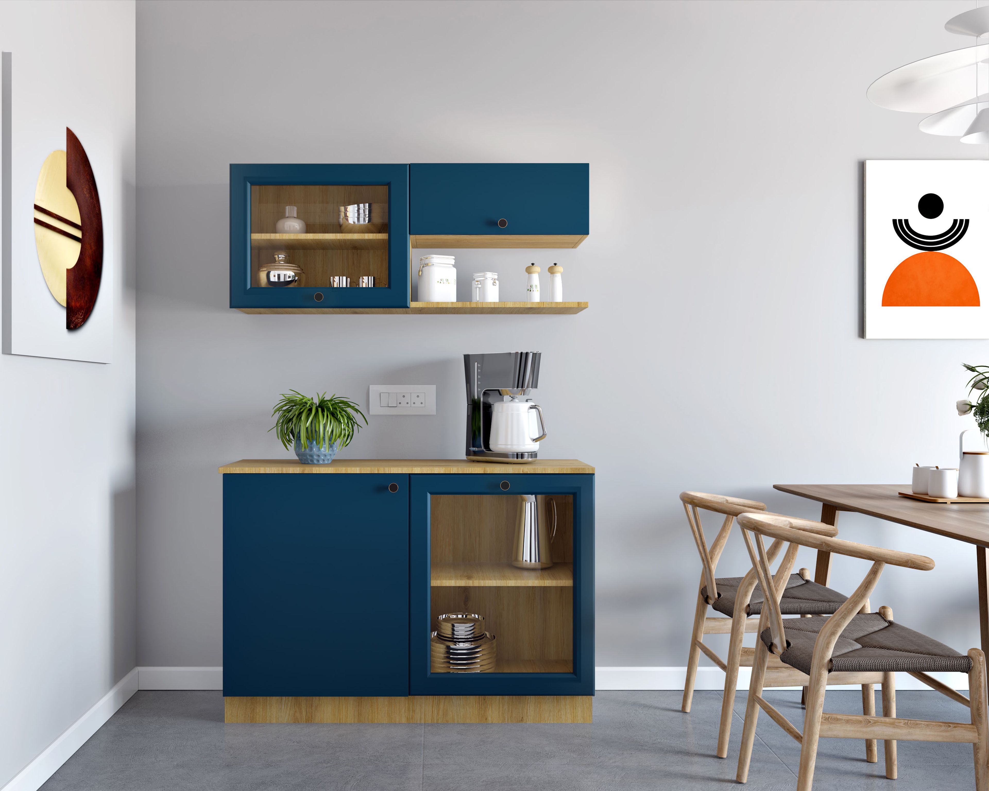 Contemporary Aqua Blue Crockery Unit Design with Shelving